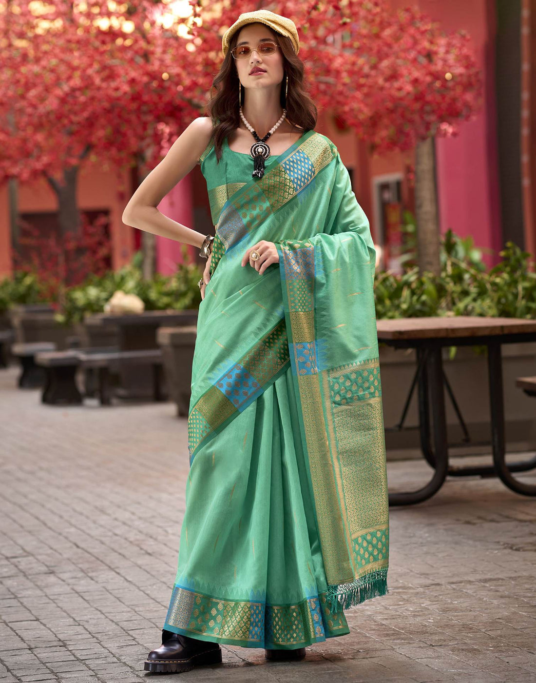 Teal Green Silk Woven Saree