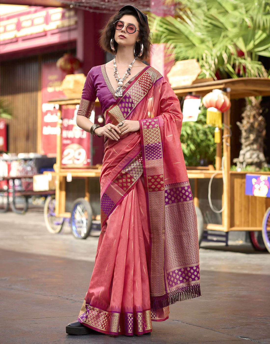 Coral Pink Silk Woven Saree