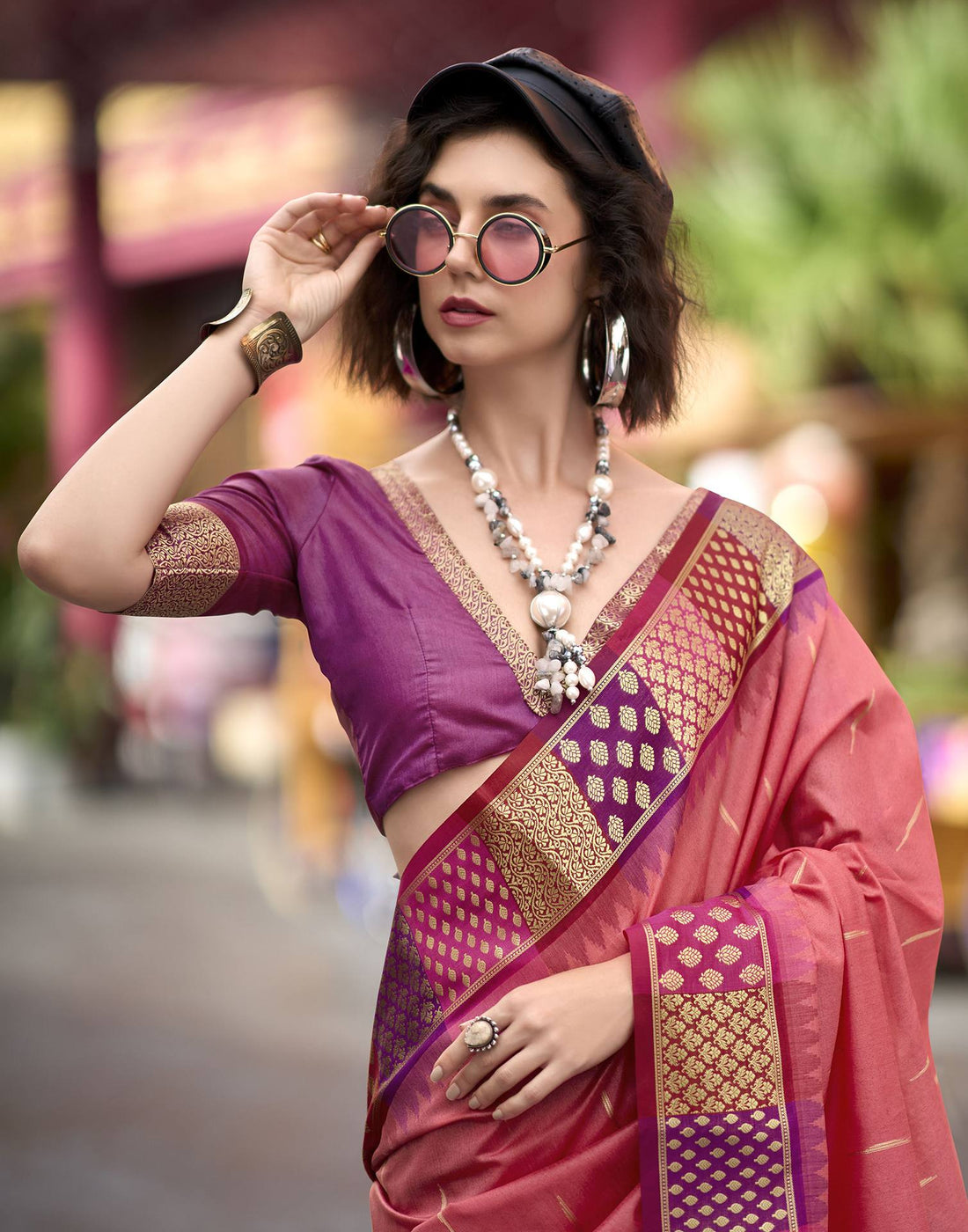 Coral Pink Silk Woven Saree