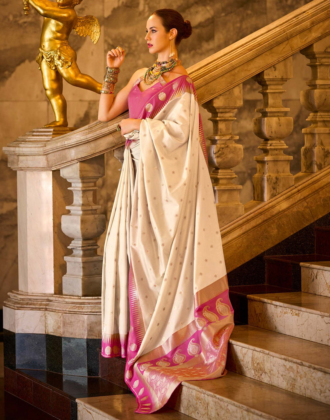 Cream Silk Woven Banarasi Saree