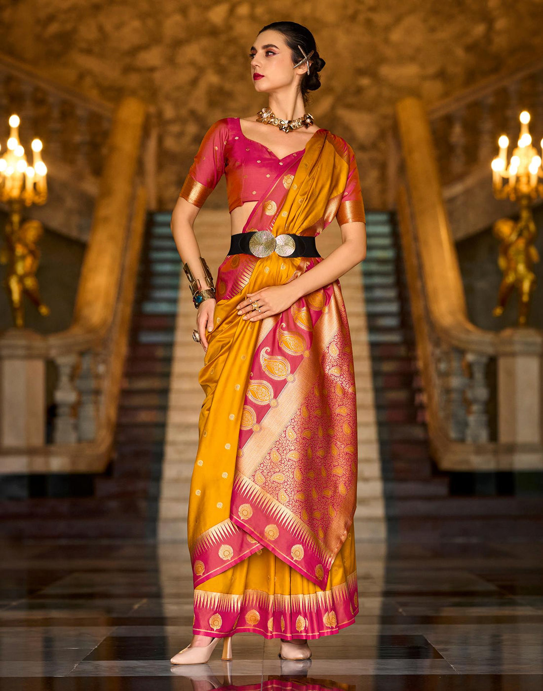 Mustard Yellow Silk Woven Banarasi Saree