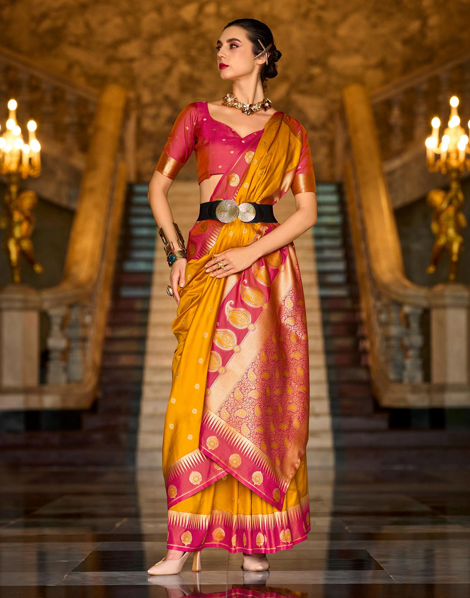 Mustard Yellow Silk Woven Banarasi Saree