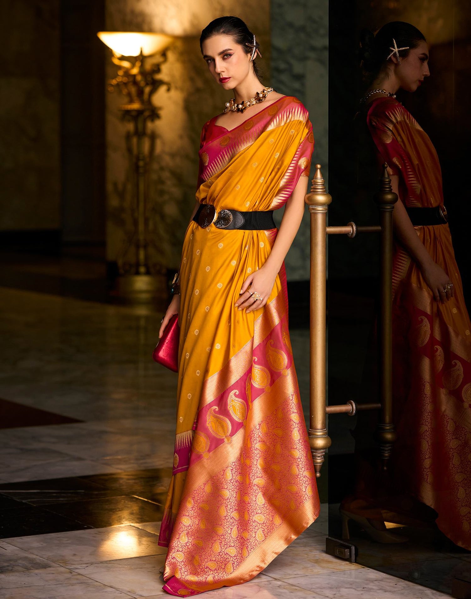 Mustard Yellow Silk Woven Banarasi Saree