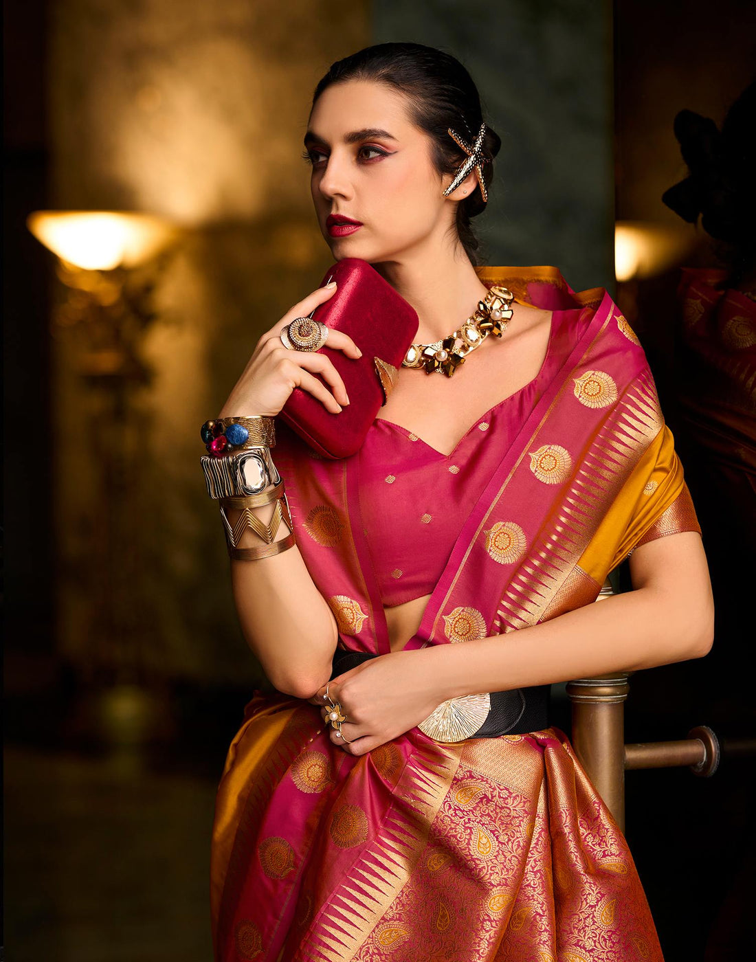 Mustard Yellow Silk Woven Banarasi Saree