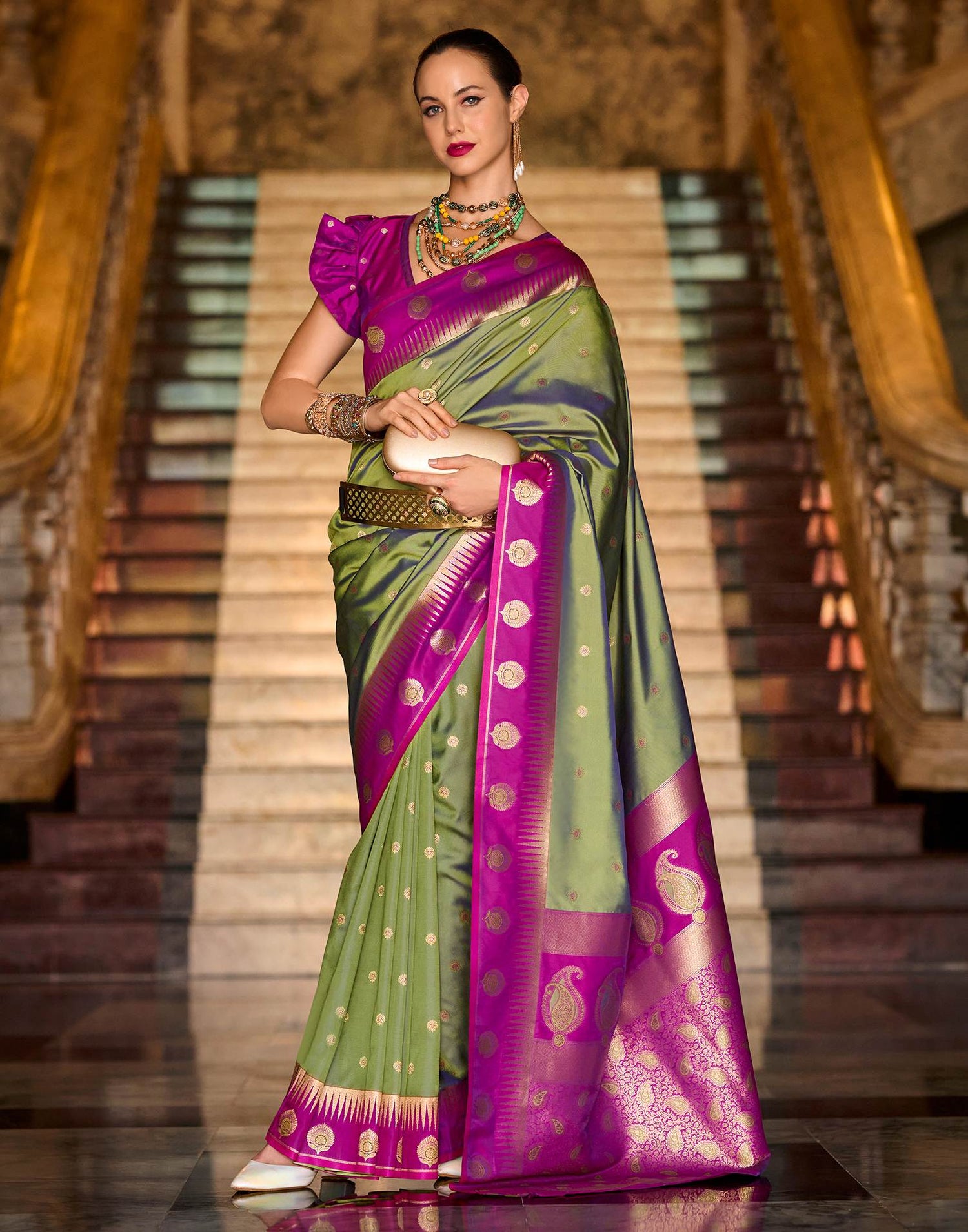 Olive Green Silk Woven Banarasi Saree