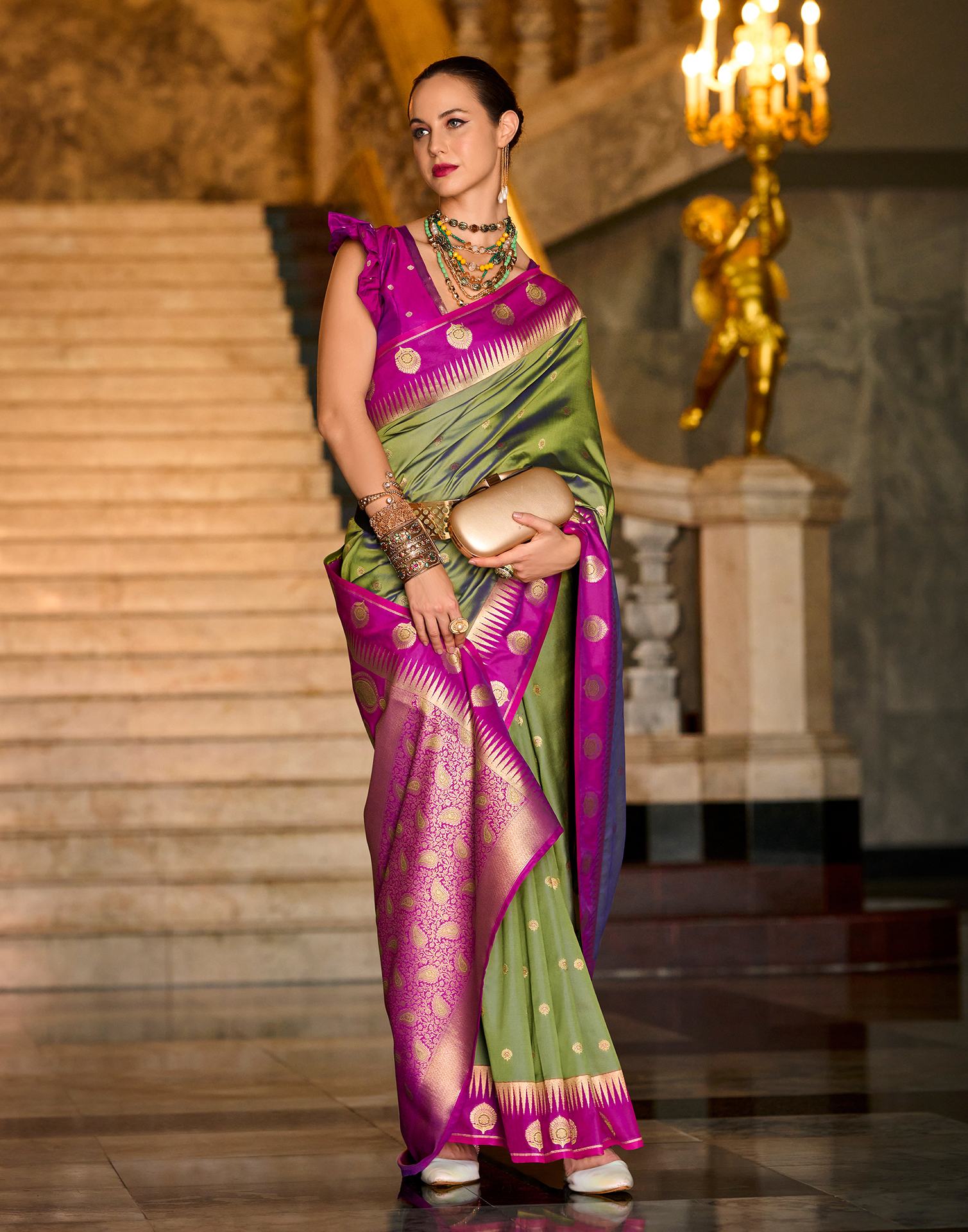 Olive Green Silk Woven Banarasi Saree