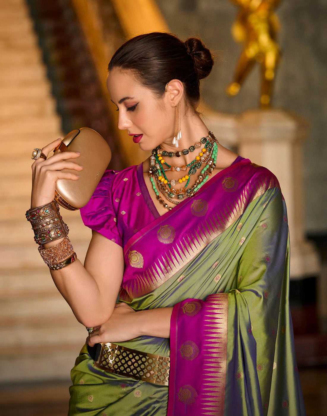Olive Green Silk Woven Banarasi Saree