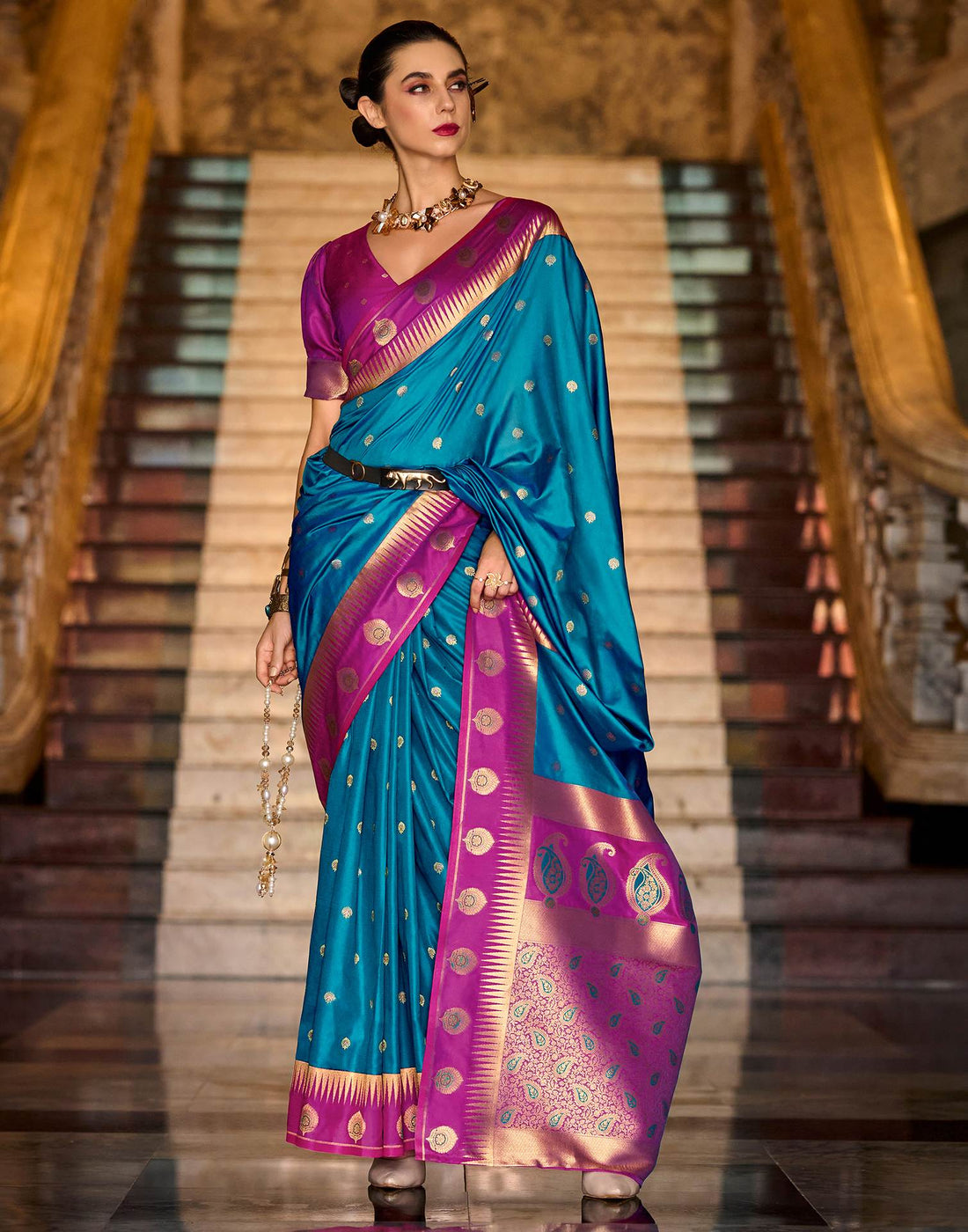 Teal Blue Silk Woven Banarasi Saree
