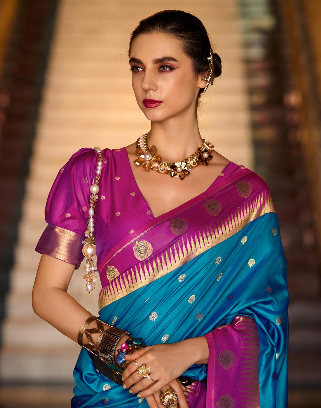 Teal Blue Silk Woven Banarasi Saree