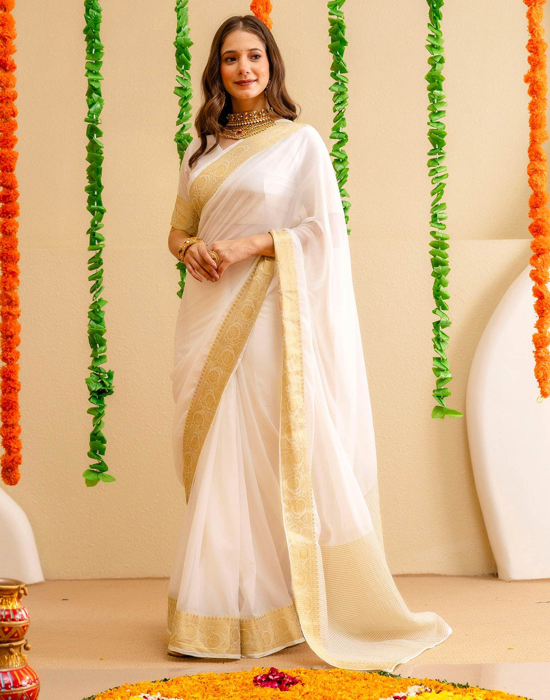 Off White Chiffon Woven Kanjivaram Saree