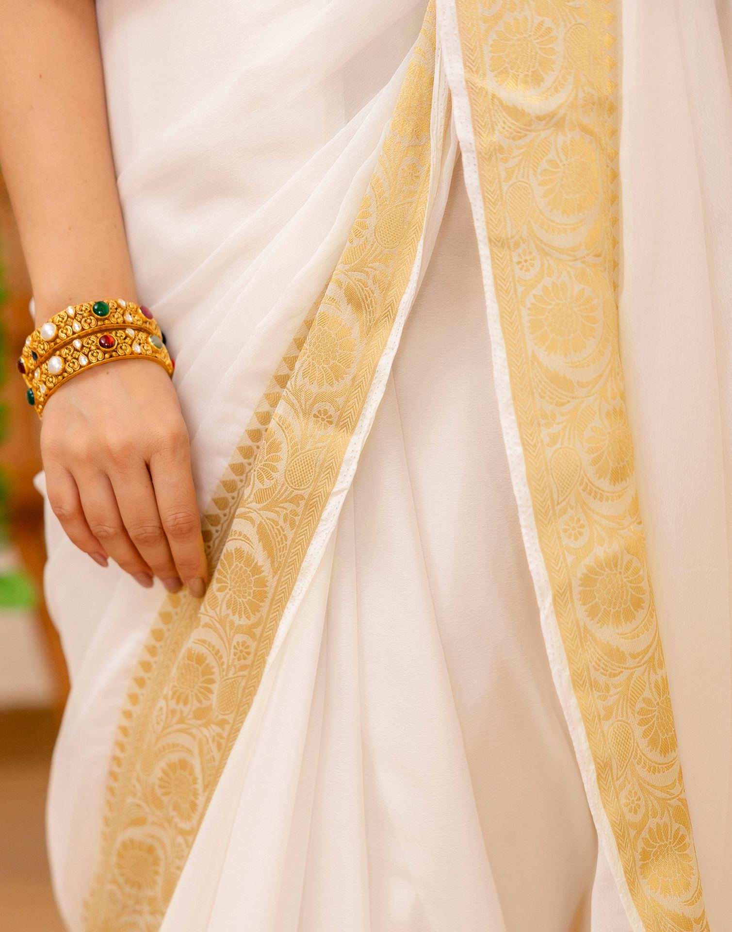 Off White Chiffon Woven Kanjivaram Saree