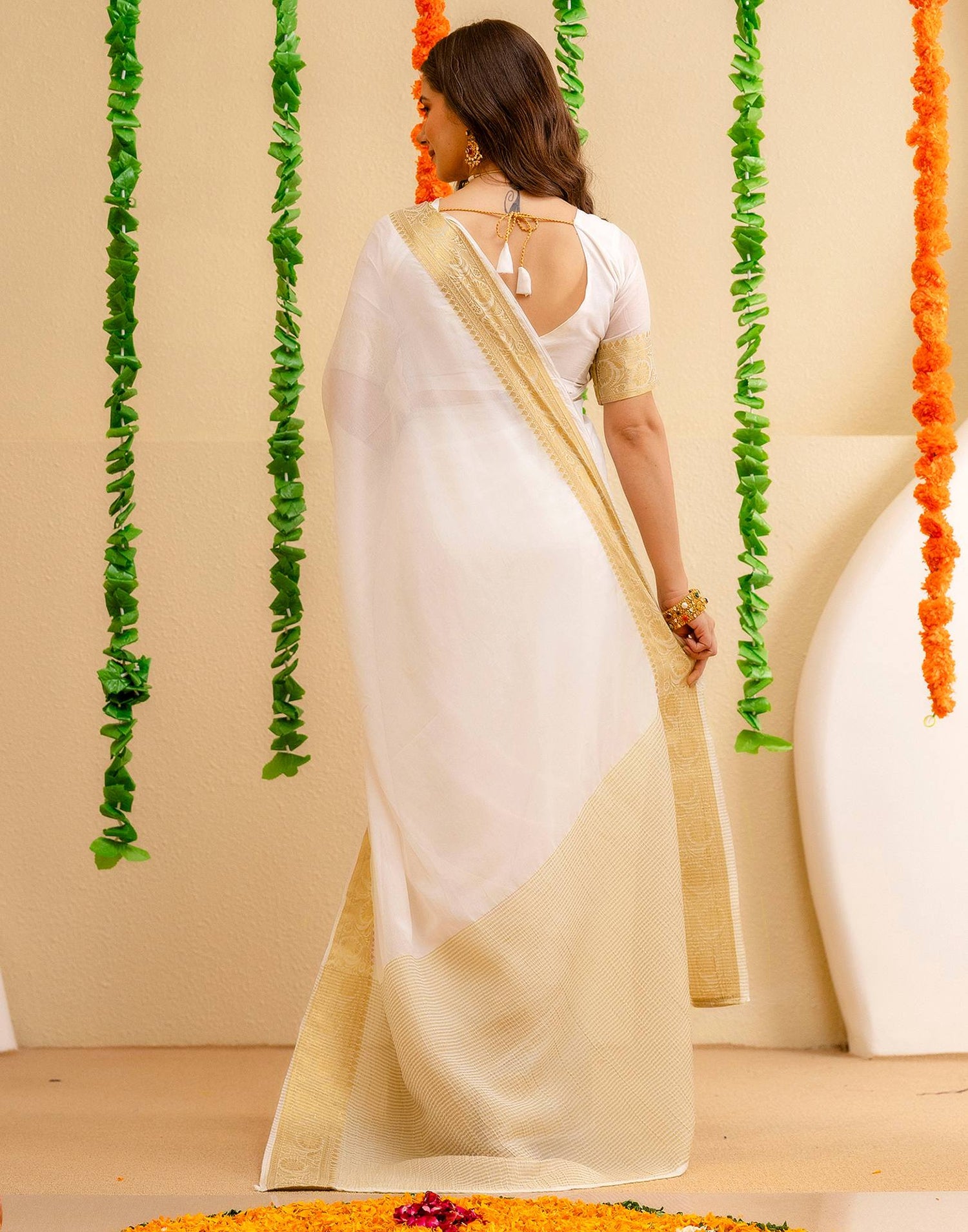 Off White Chiffon Woven Kanjivaram Saree