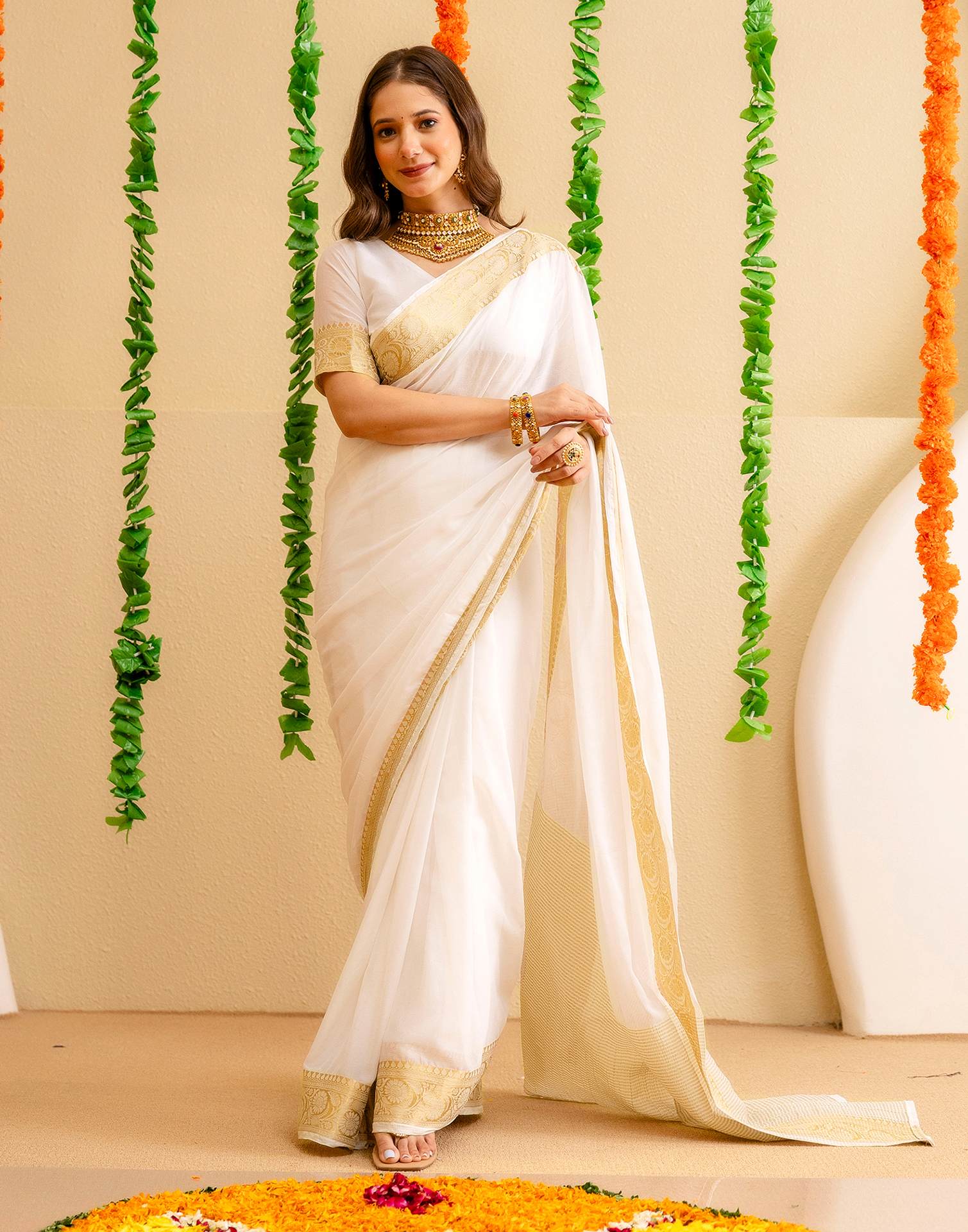 Off White Chiffon Woven Kanjivaram Saree