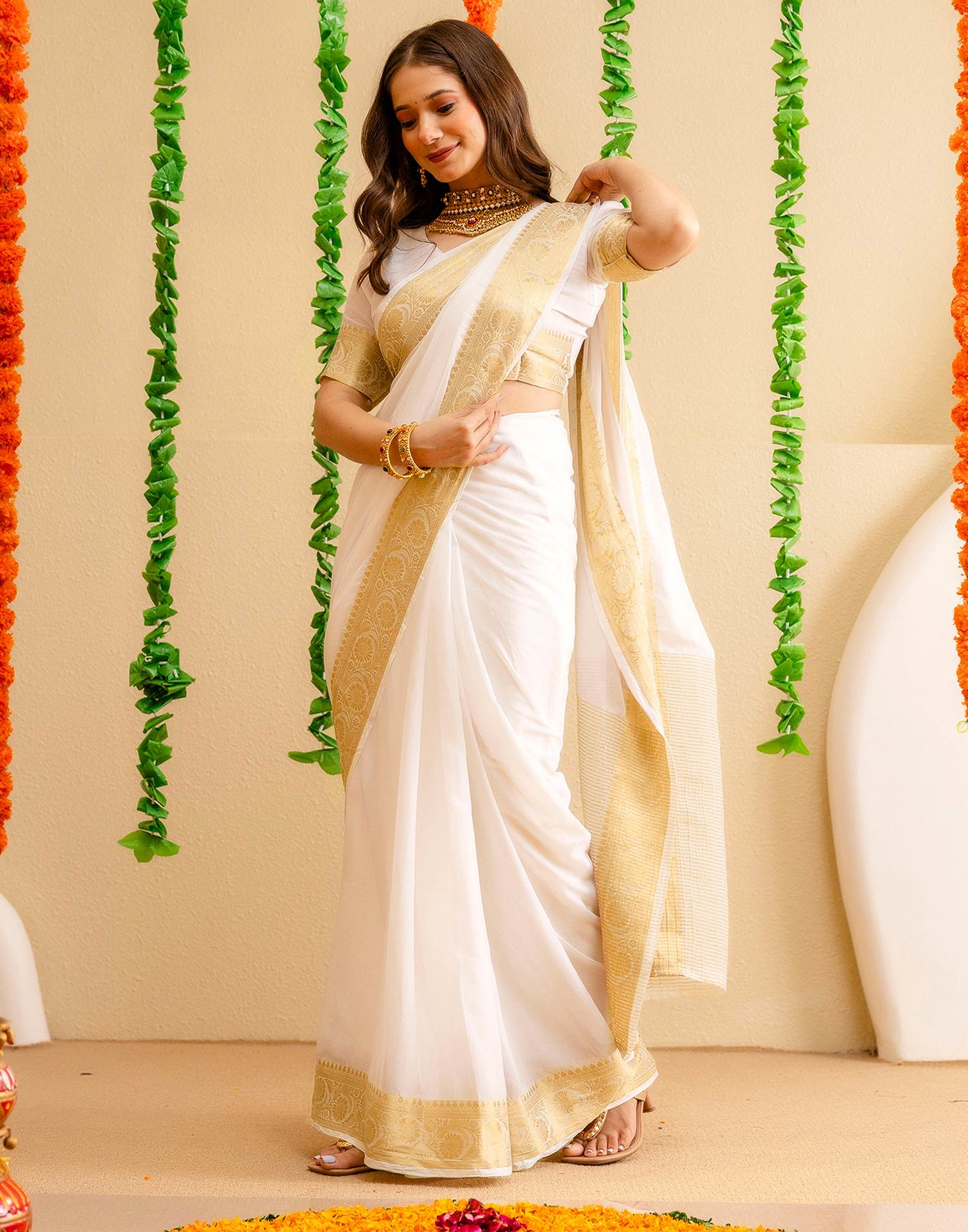 Off White Chiffon Woven Kanjivaram Saree