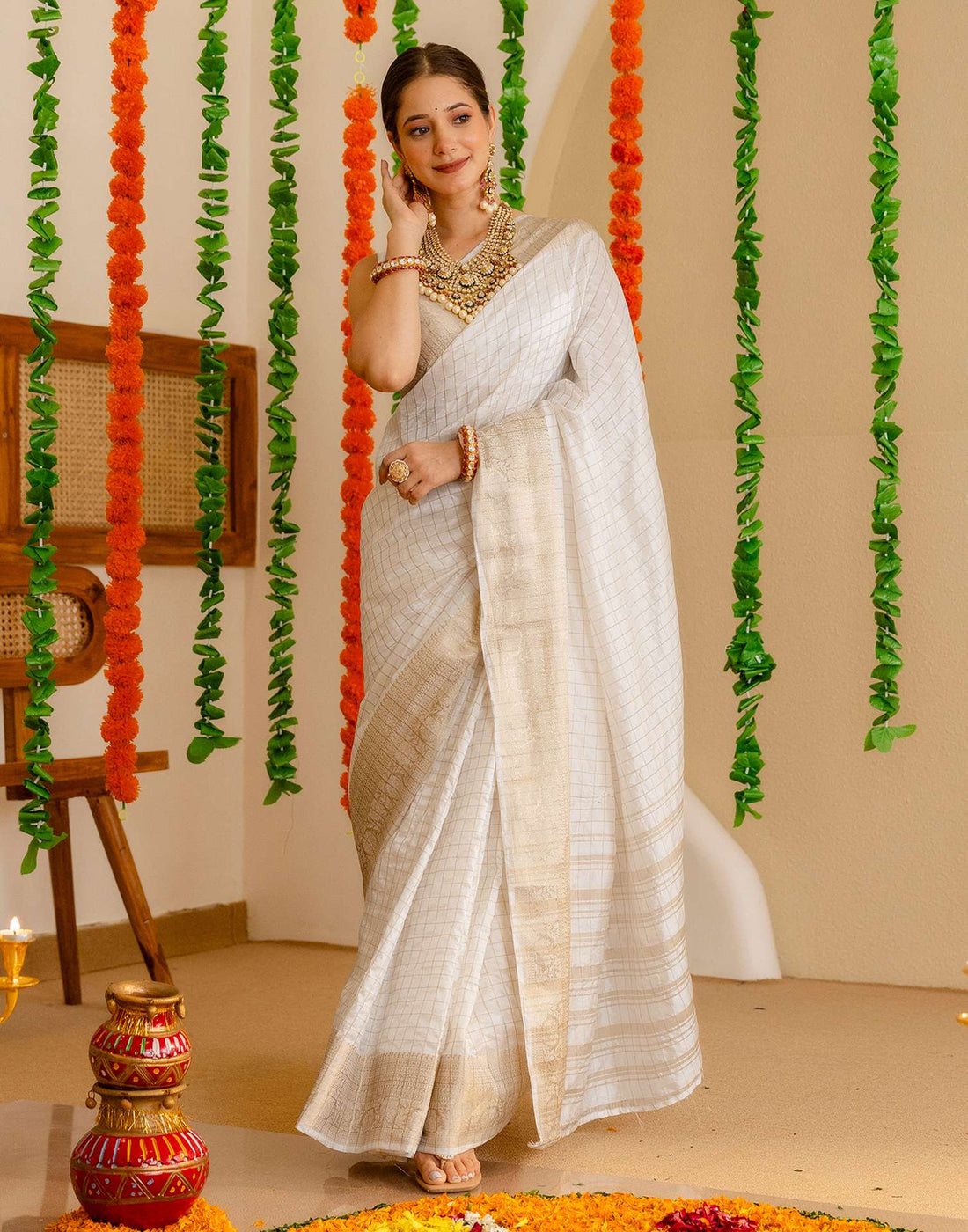 Off White Silk Woven Kanjivaram Saree