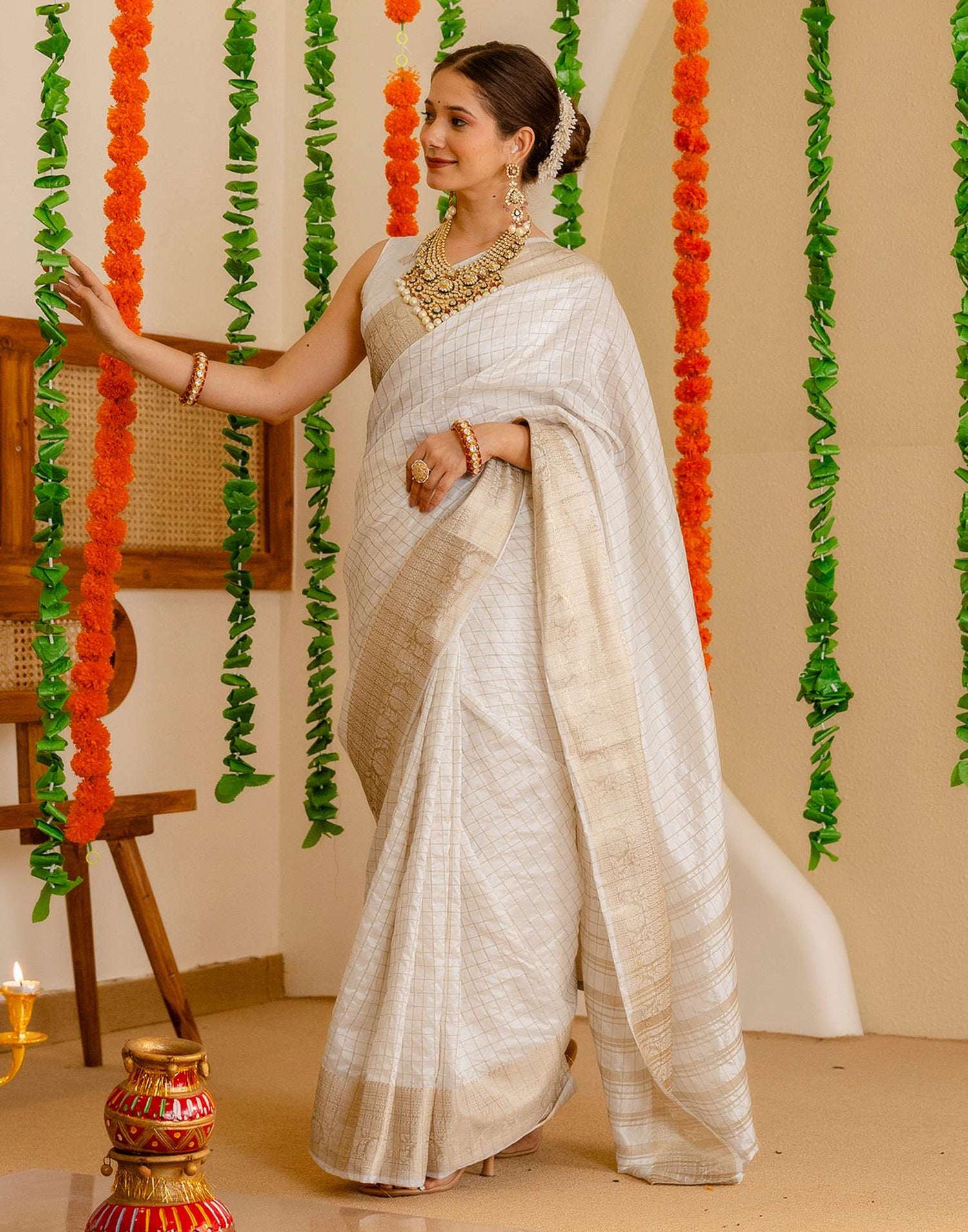 Off White Silk Woven Kanjivaram Saree