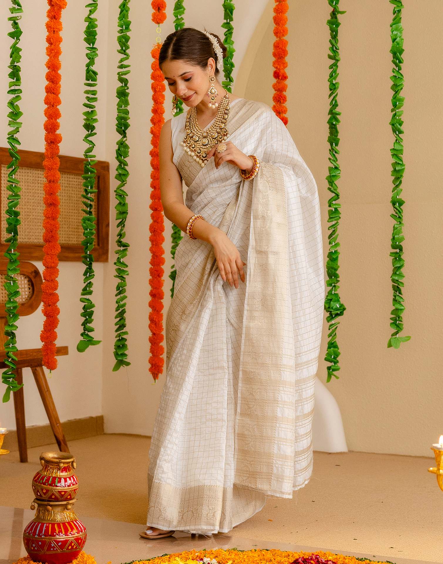 Off White Silk Woven Kanjivaram Saree