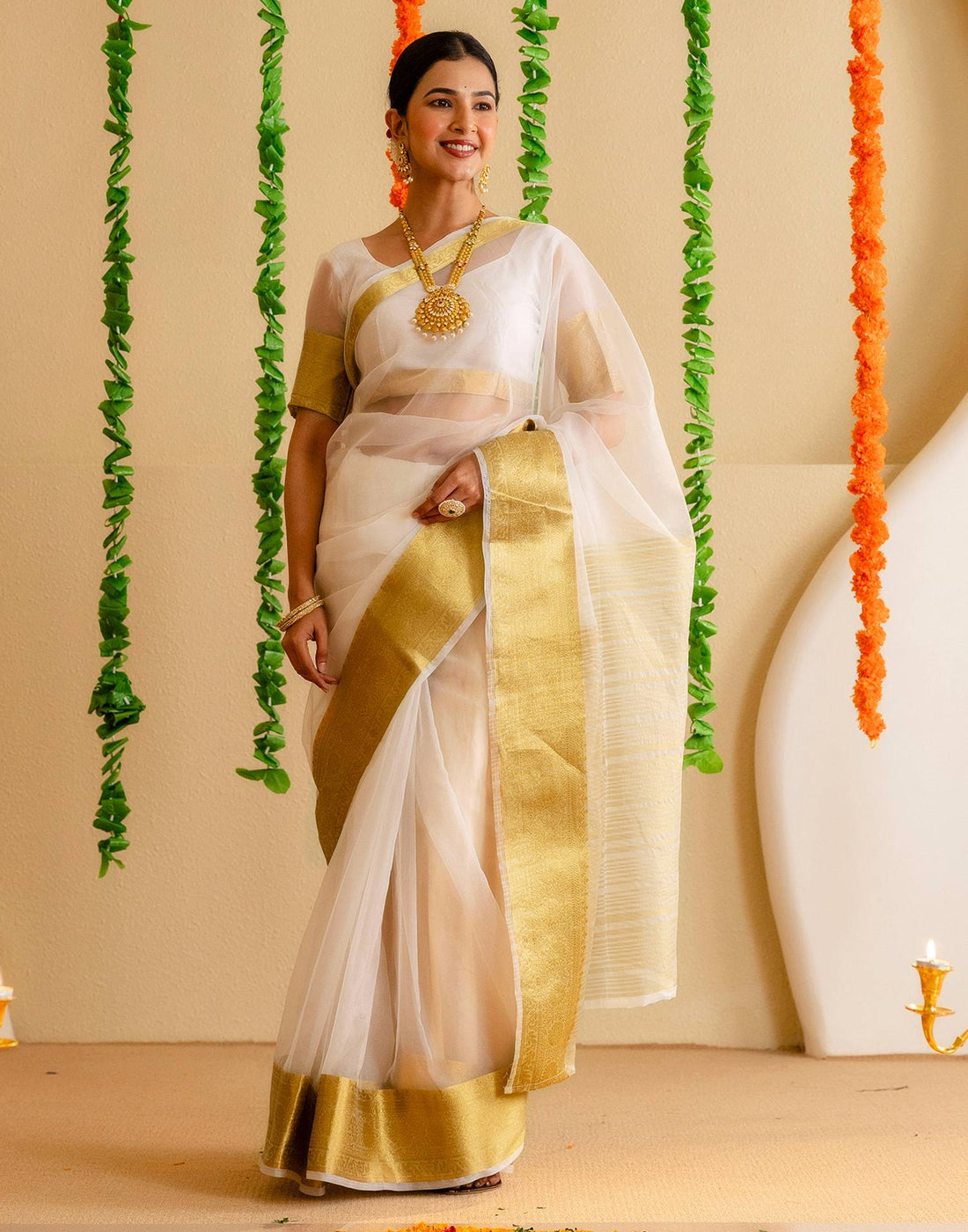 Off White Organza Woven Kanjivaram Saree