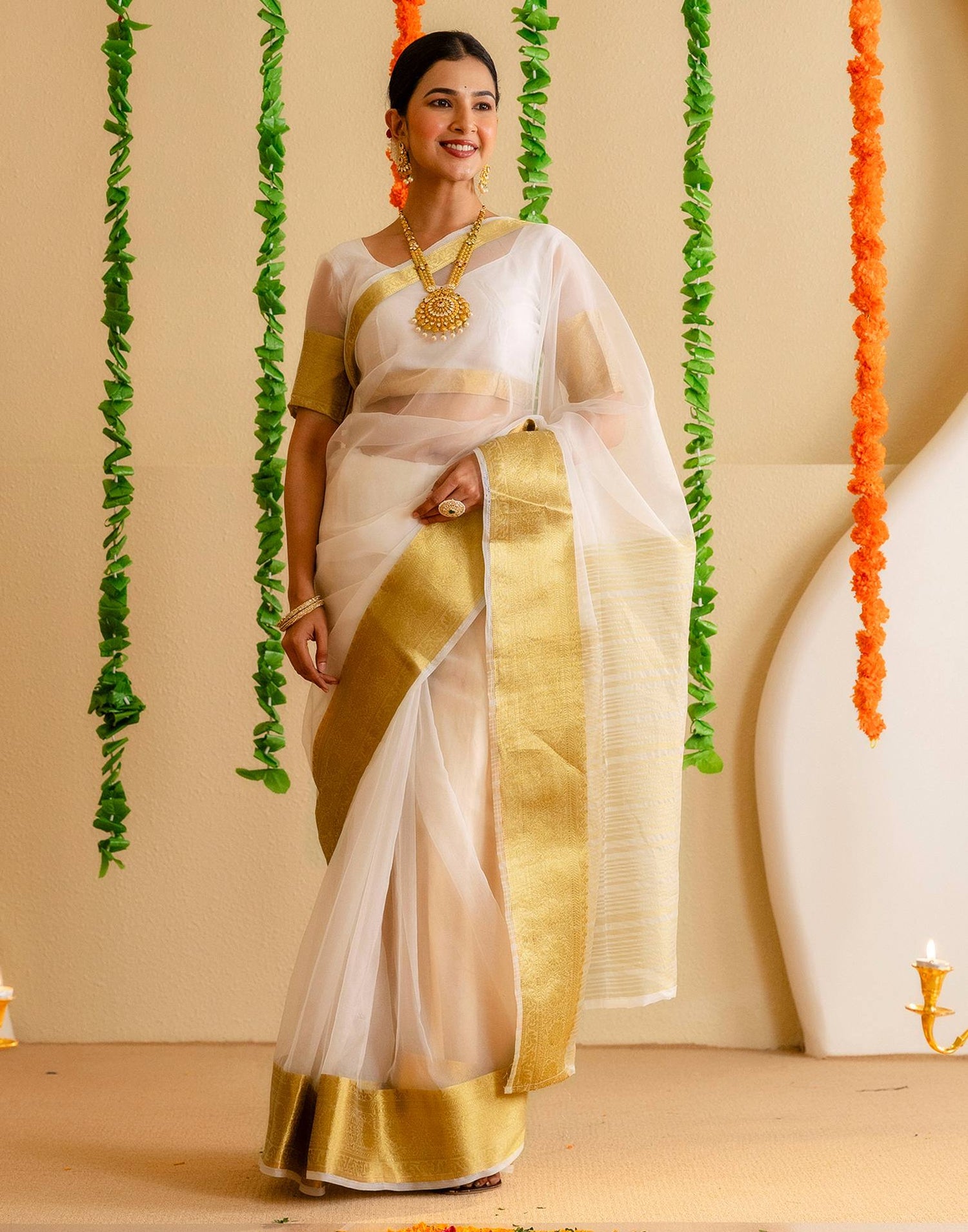 Off White Organza Woven Kanjivaram Saree