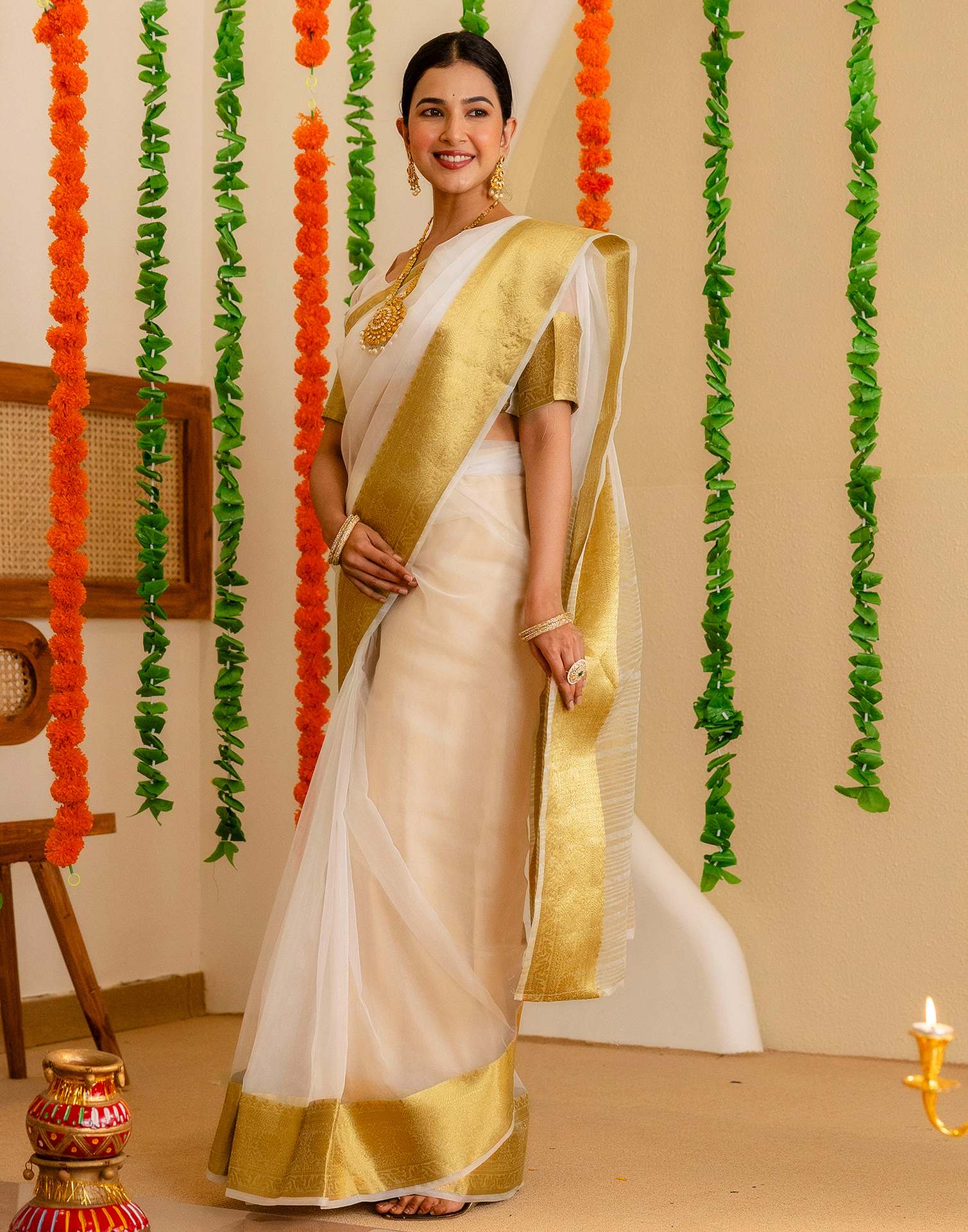 Off White Organza Woven Kanjivaram Saree