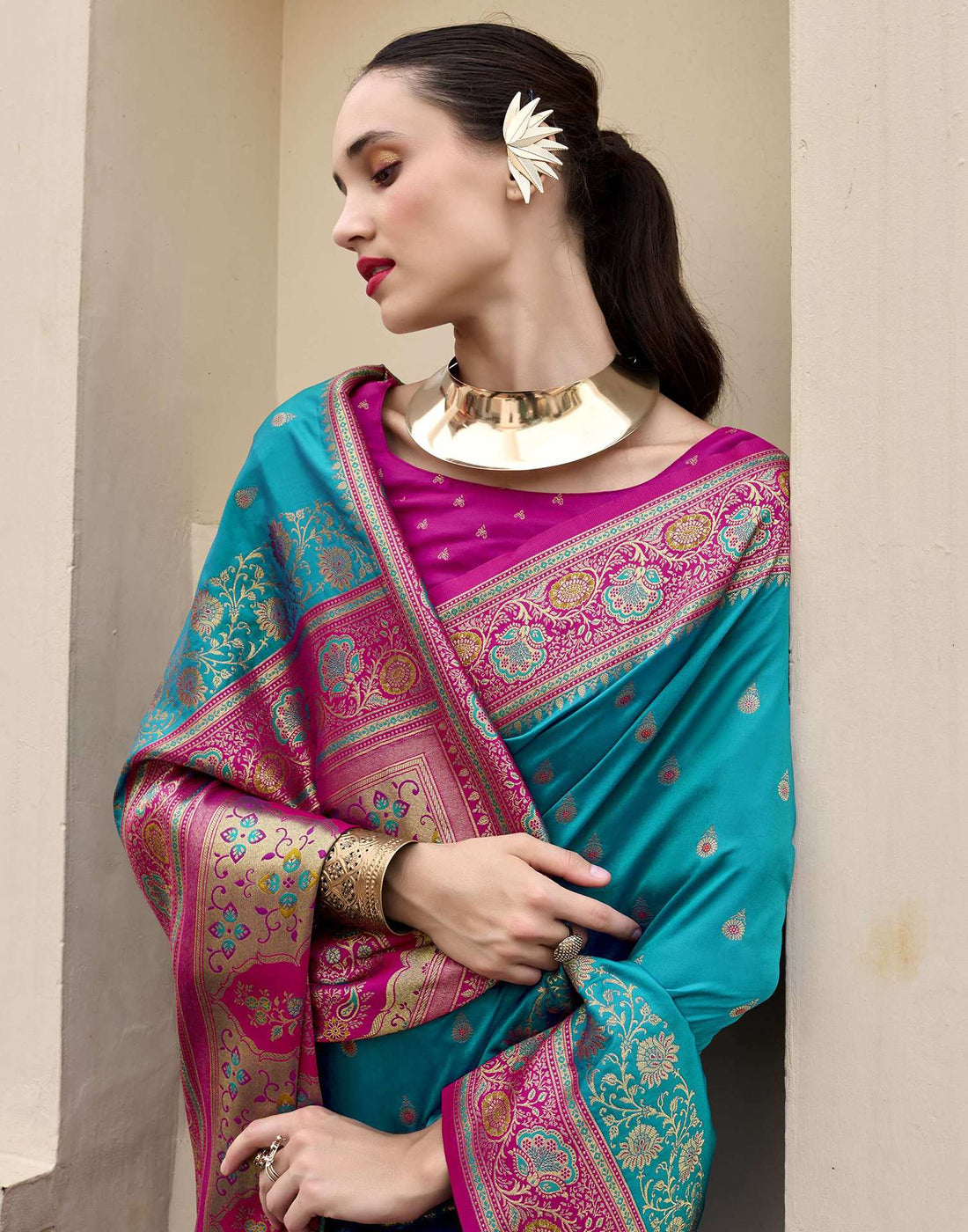 Teal Blue Silk Woven Banarasi Saree