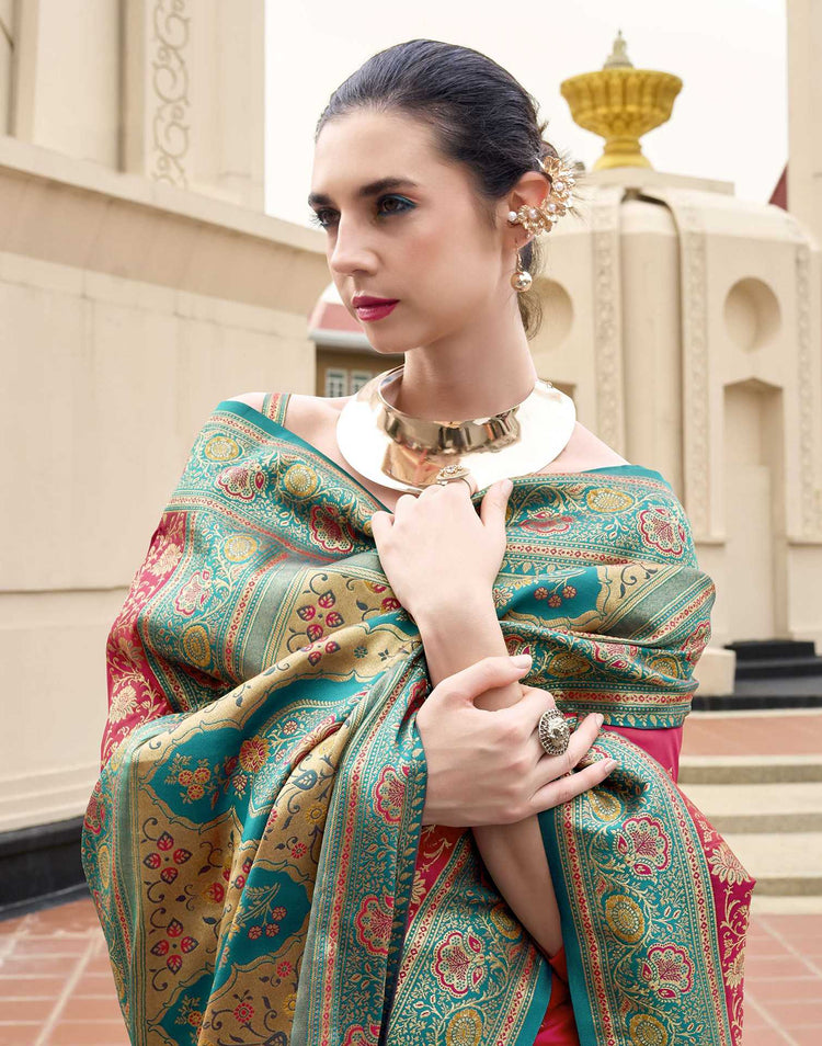 Coral Red Silk Woven Banarasi Saree