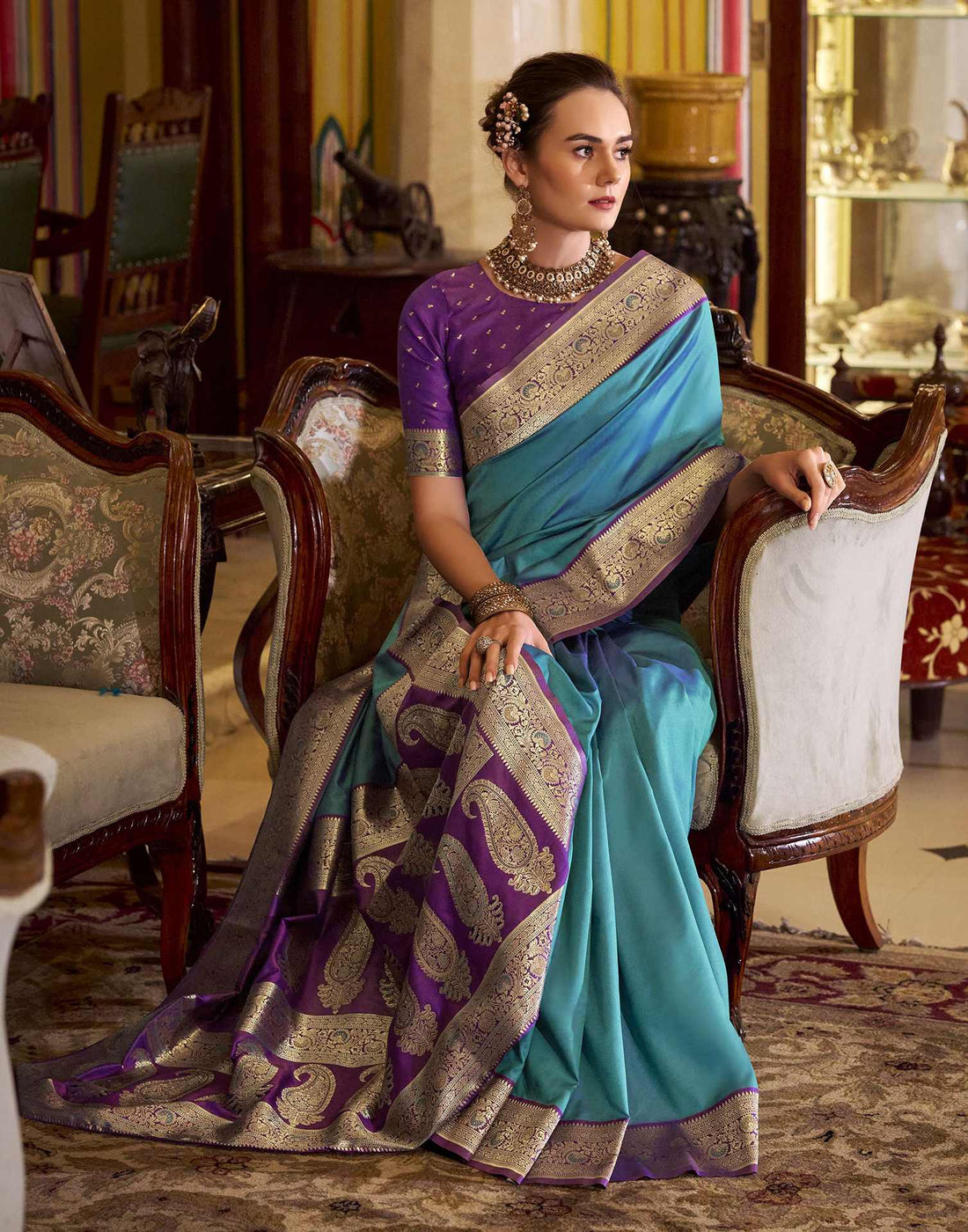 Teal Blue Silk Woven Saree