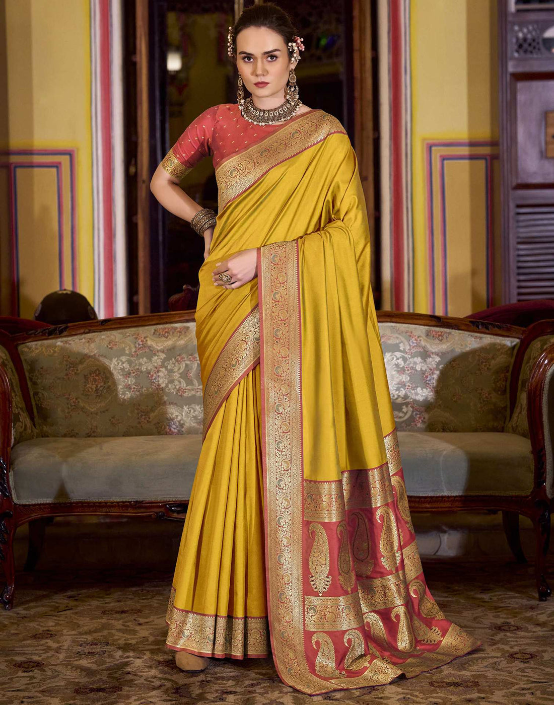 Mustard Yellow Silk Woven Saree