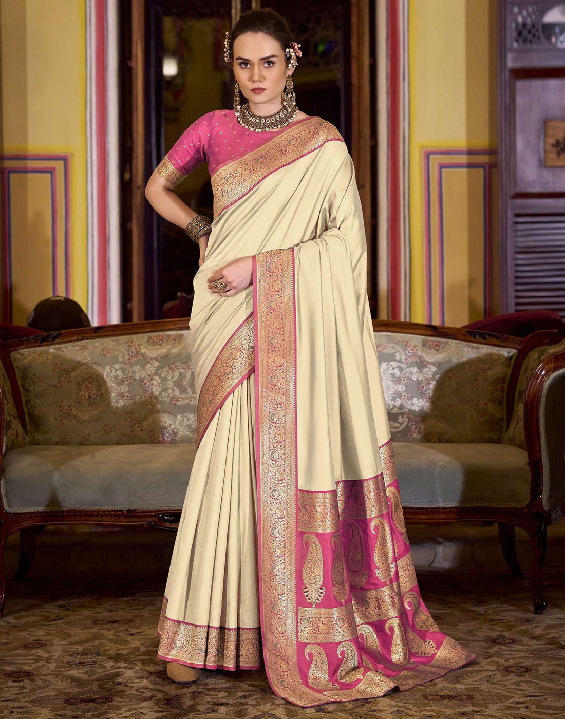 Cream Silk Woven Saree