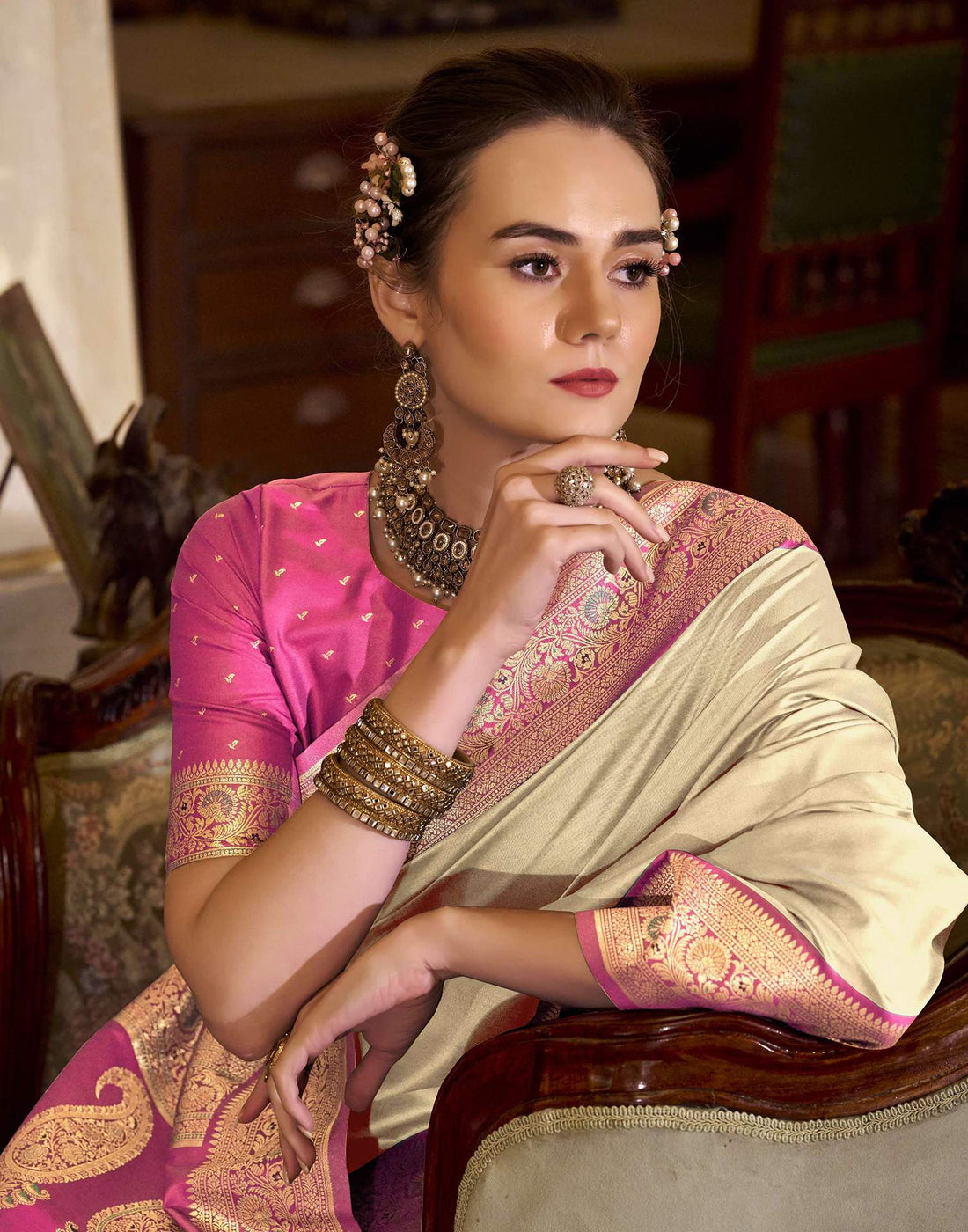 Cream Silk Woven Saree