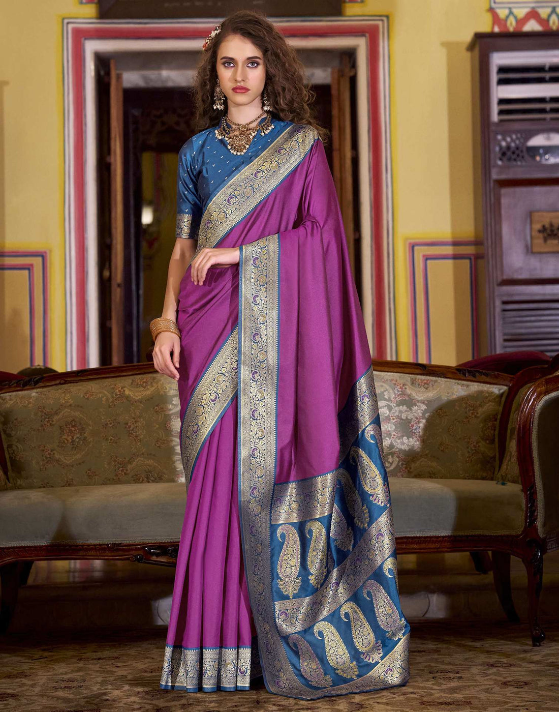 Magenta Silk Woven Saree