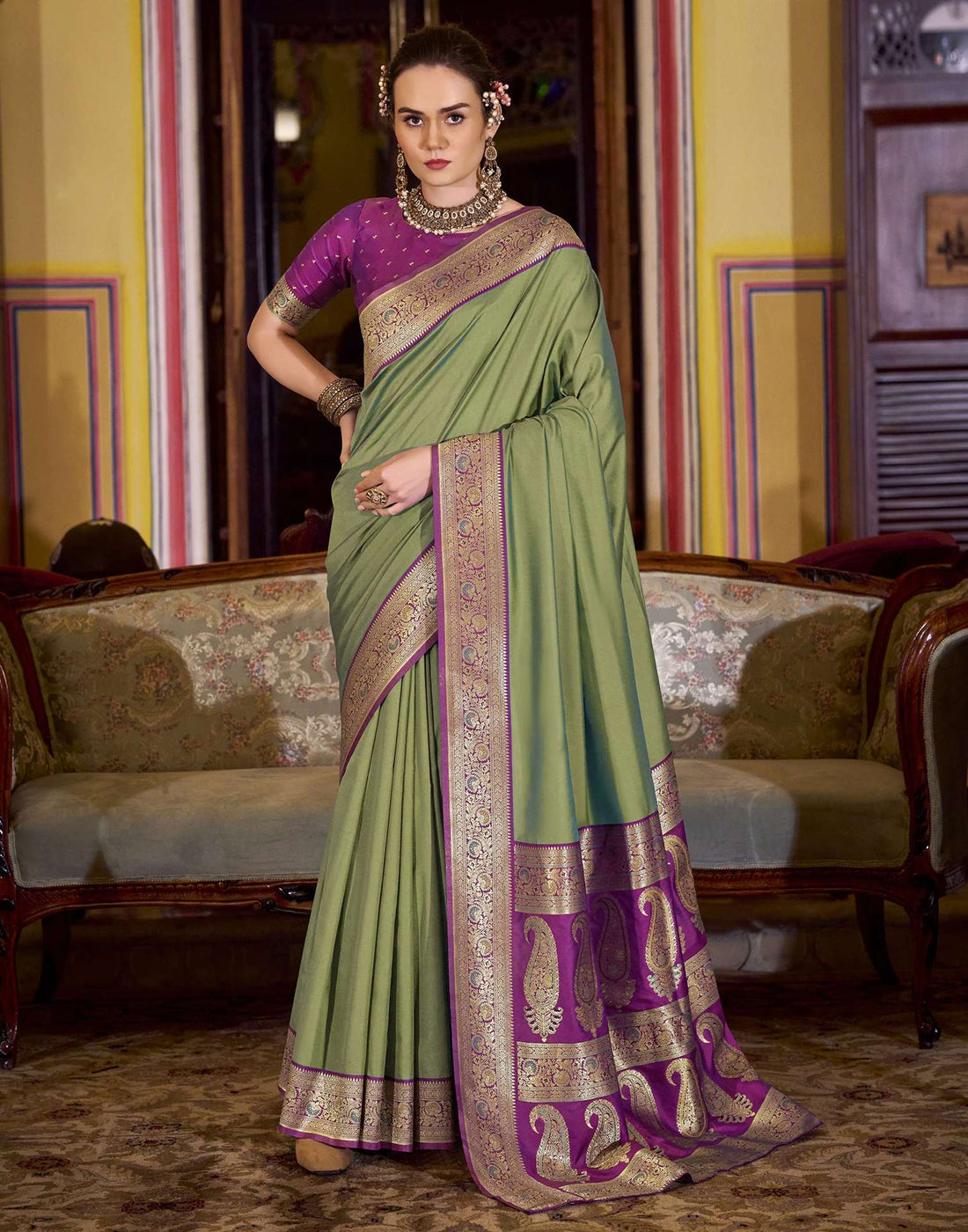 Moss Green Silk Woven Saree