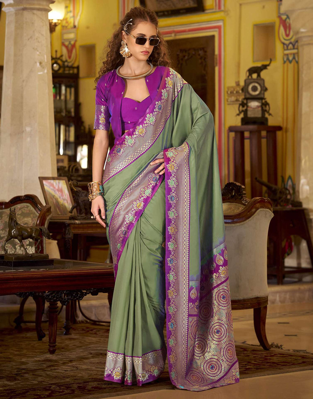 Moss Green Silk Woven Saree