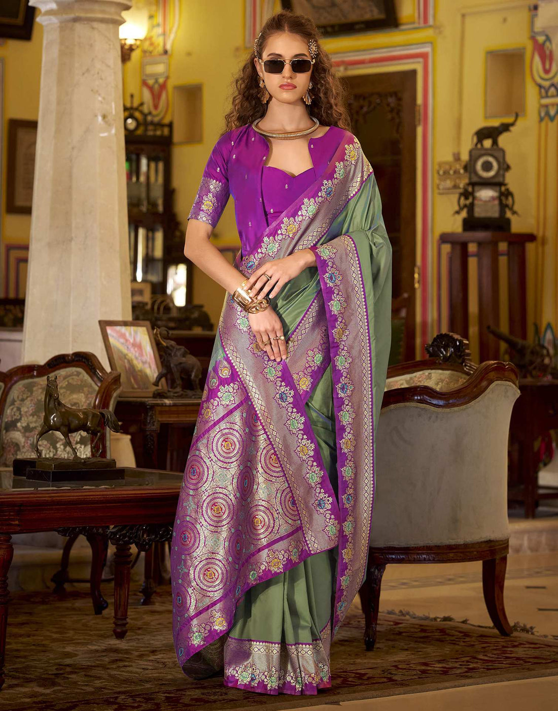 Moss Green Silk Woven Saree