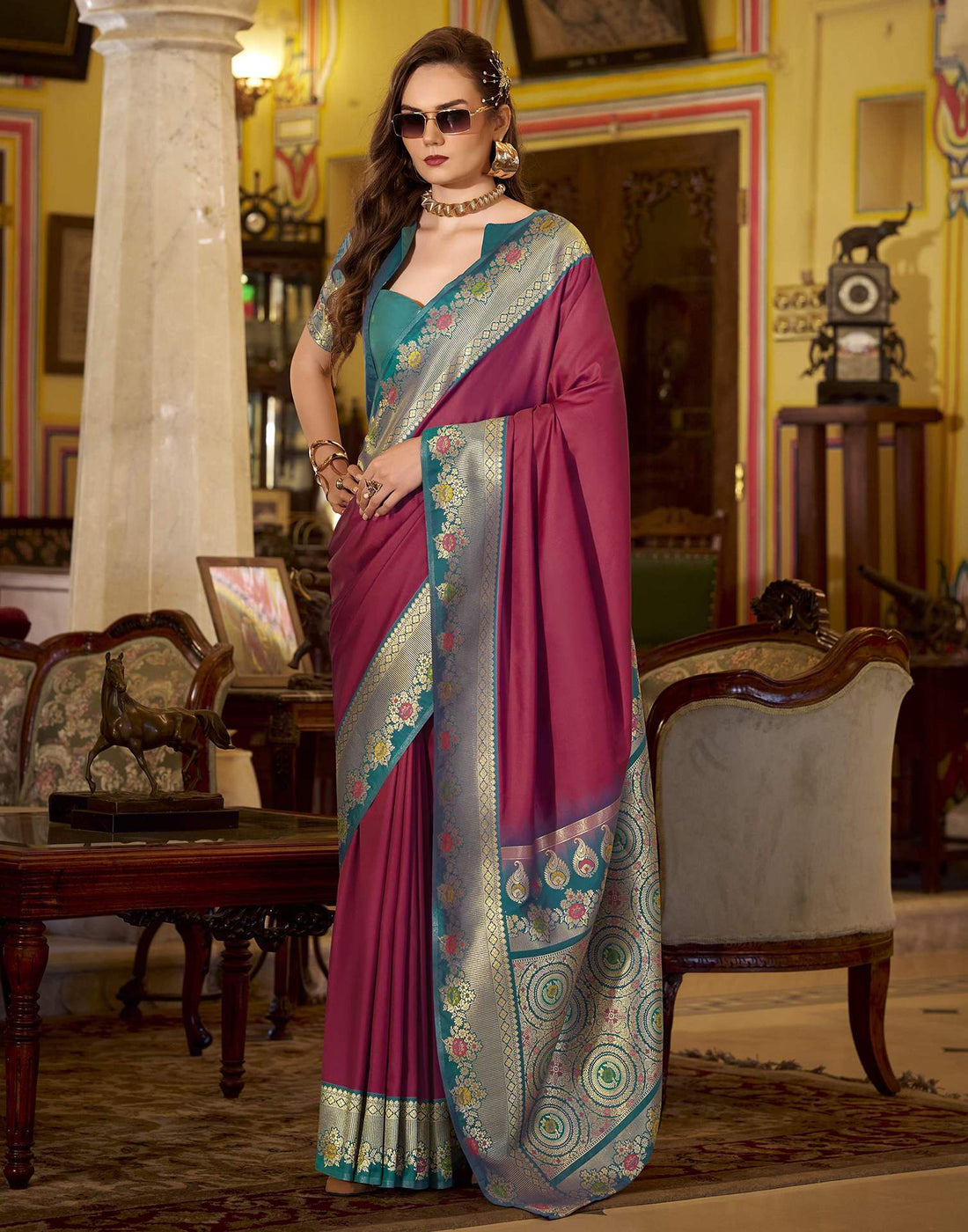 Wine Silk Woven Saree