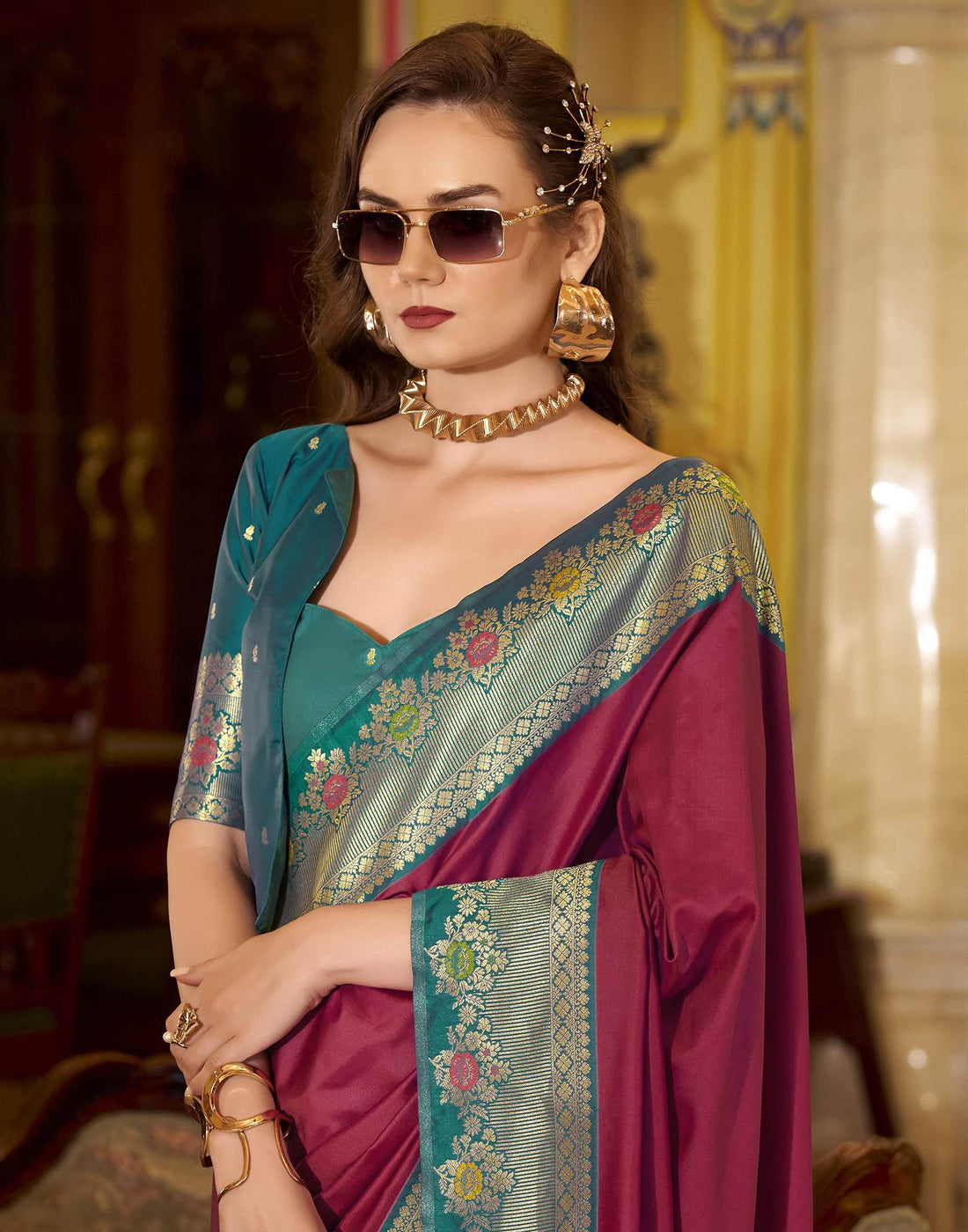 Wine Silk Woven Saree