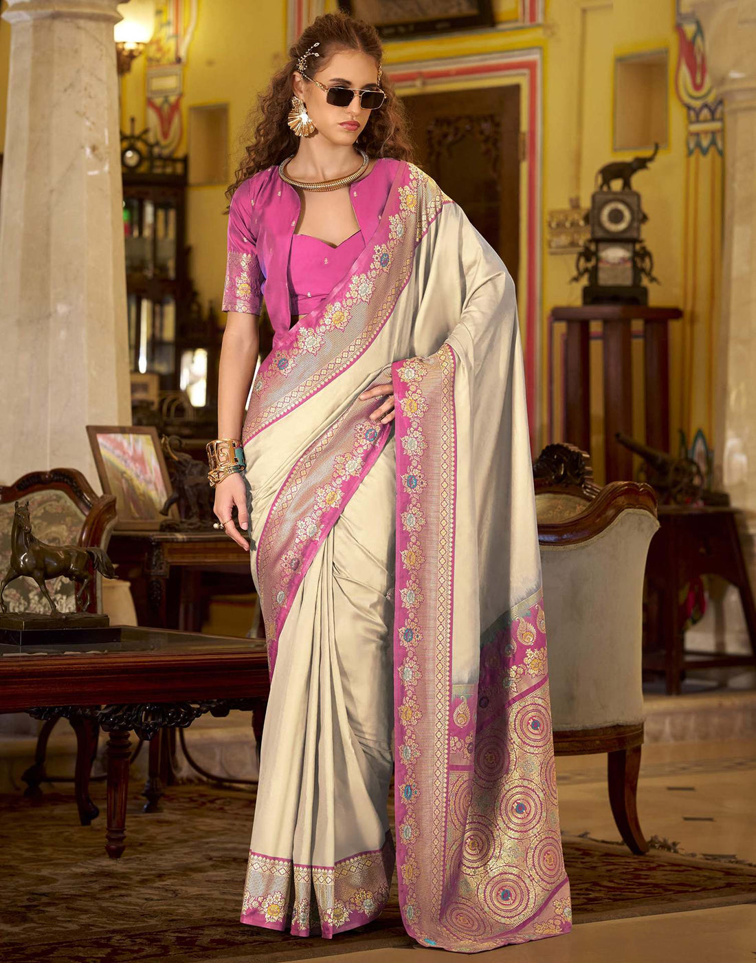 Cream Silk Woven Saree