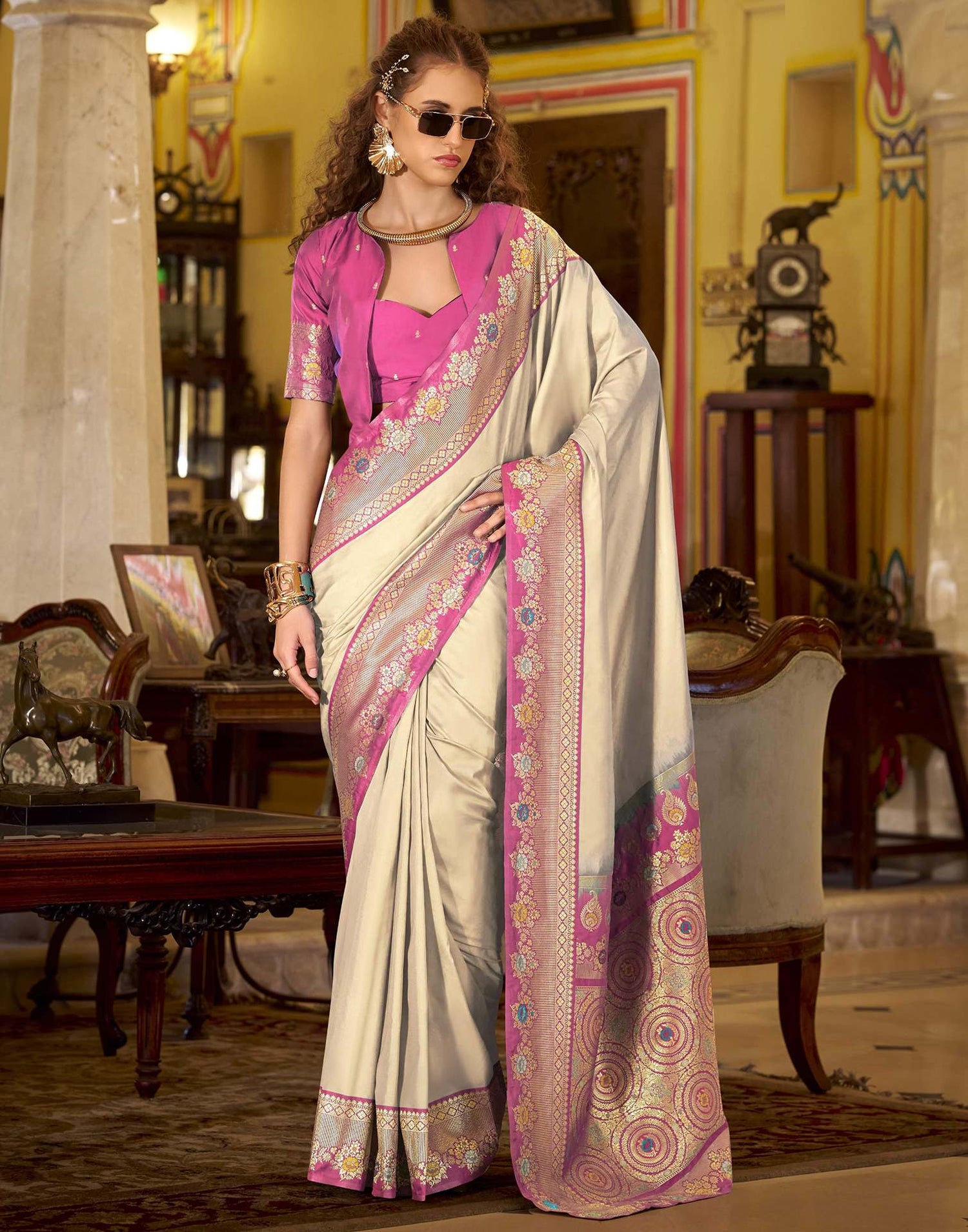 Cream Silk Woven Saree