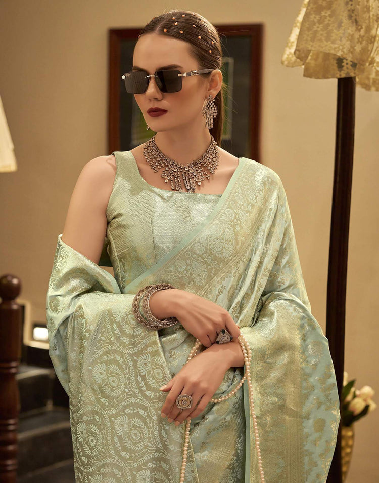 Light Pista Green Satin Woven Banarasi Saree