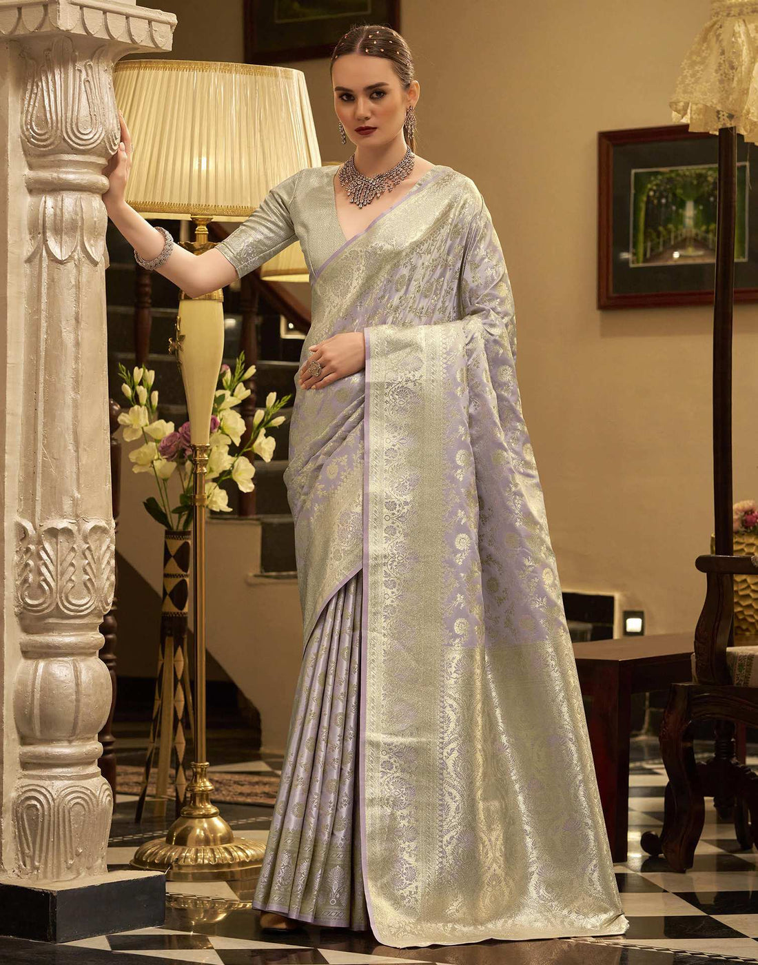 Lavender Satin Woven Banarasi Saree