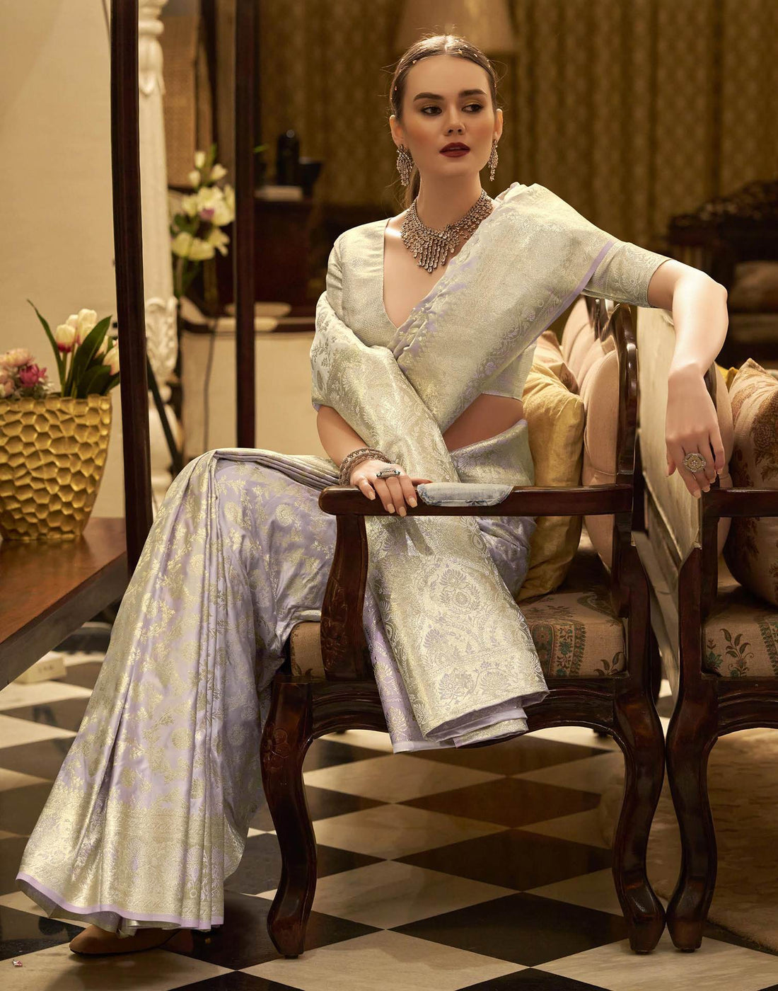 Lavender Satin Woven Banarasi Saree