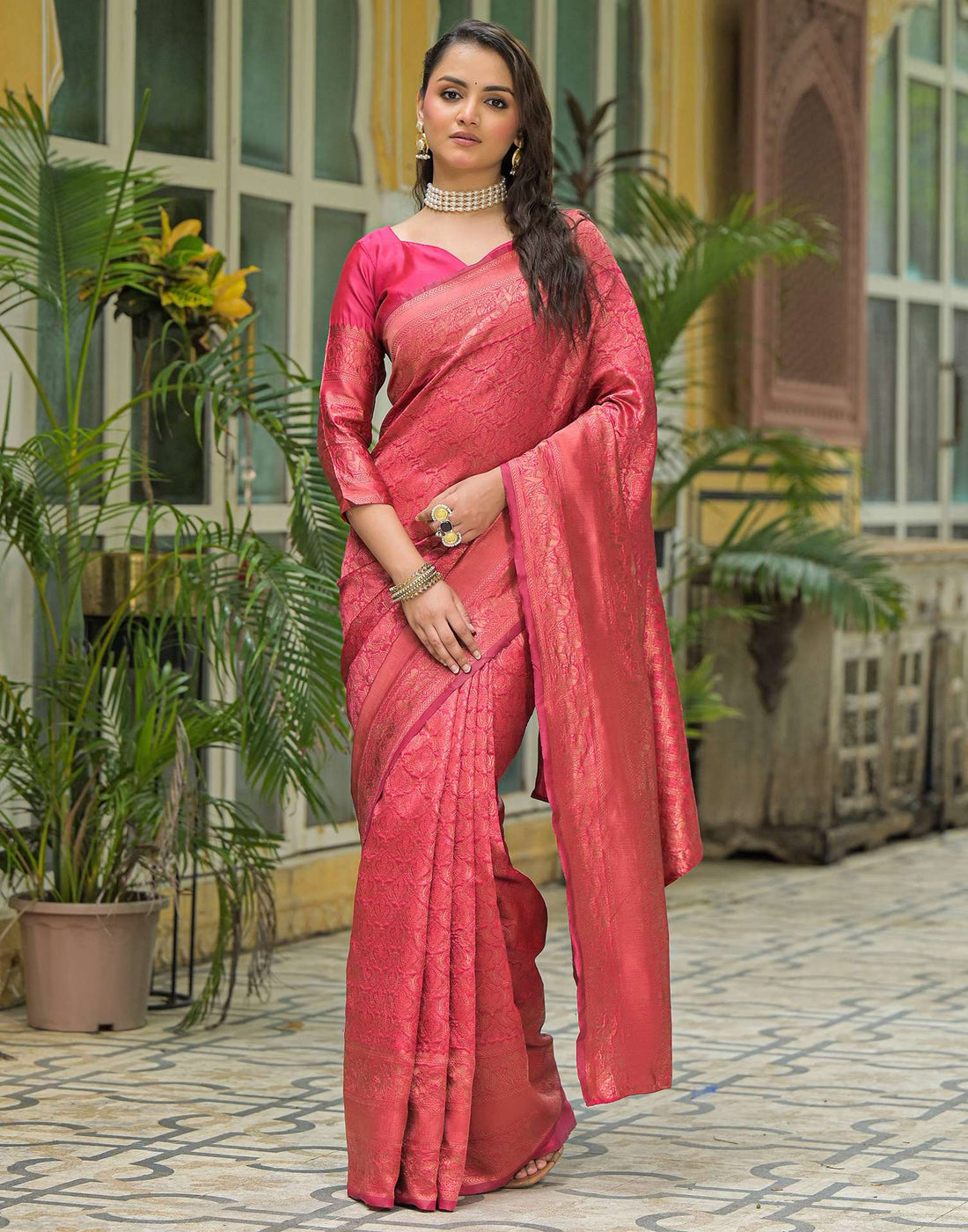 Dark Pink Silk Woven Banarasi Saree