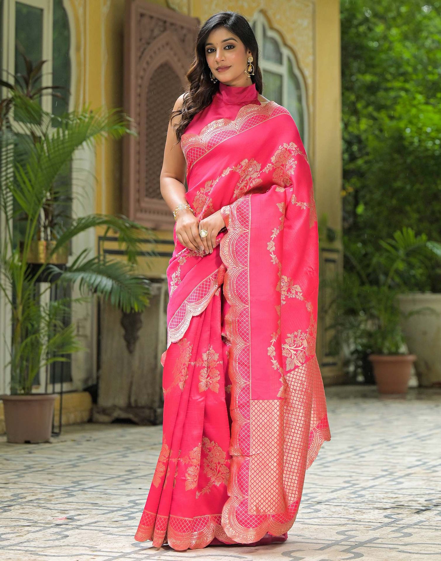Coral Pink Silk Woven Saree