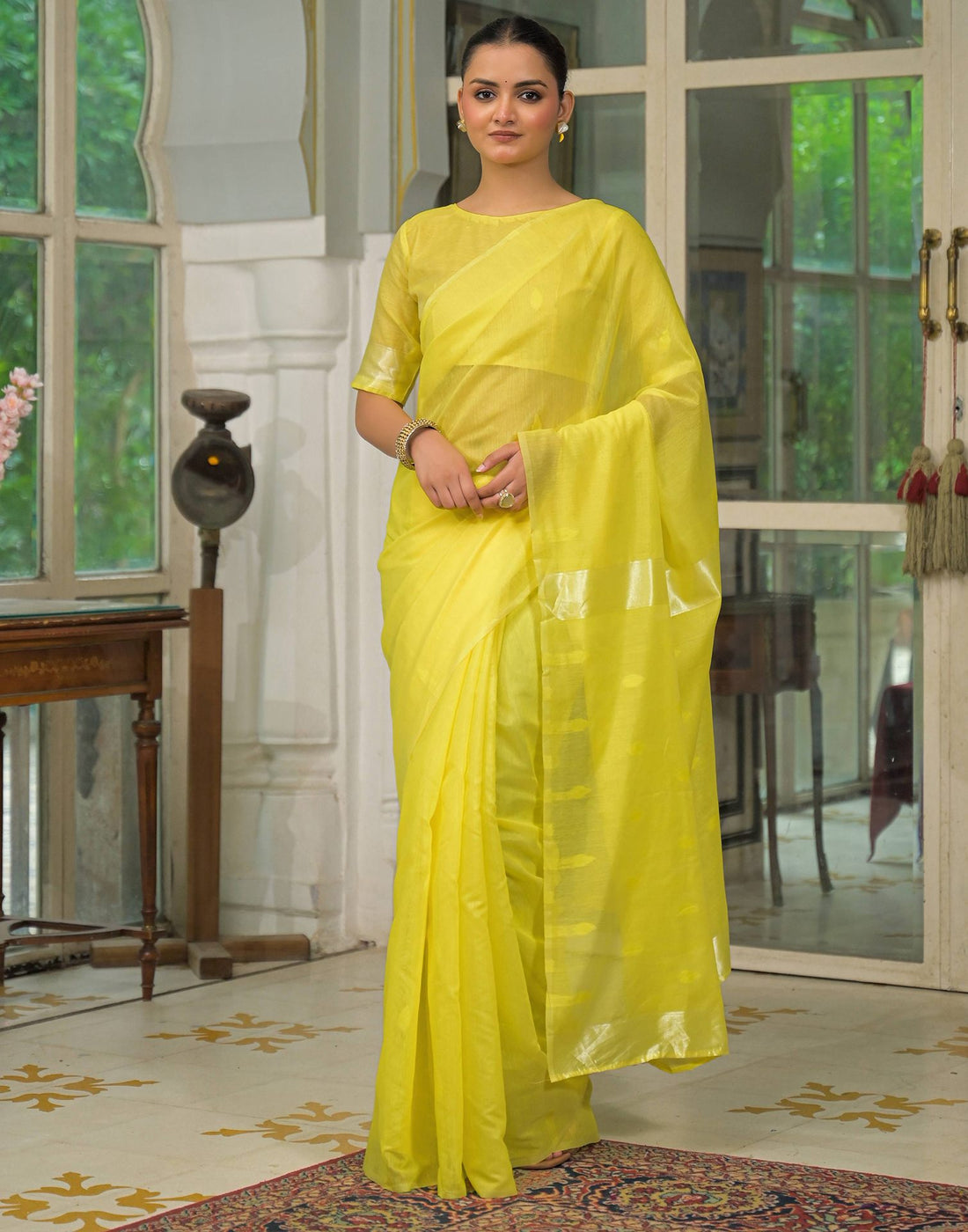 Bright Yellow Silk Woven Plain Saree