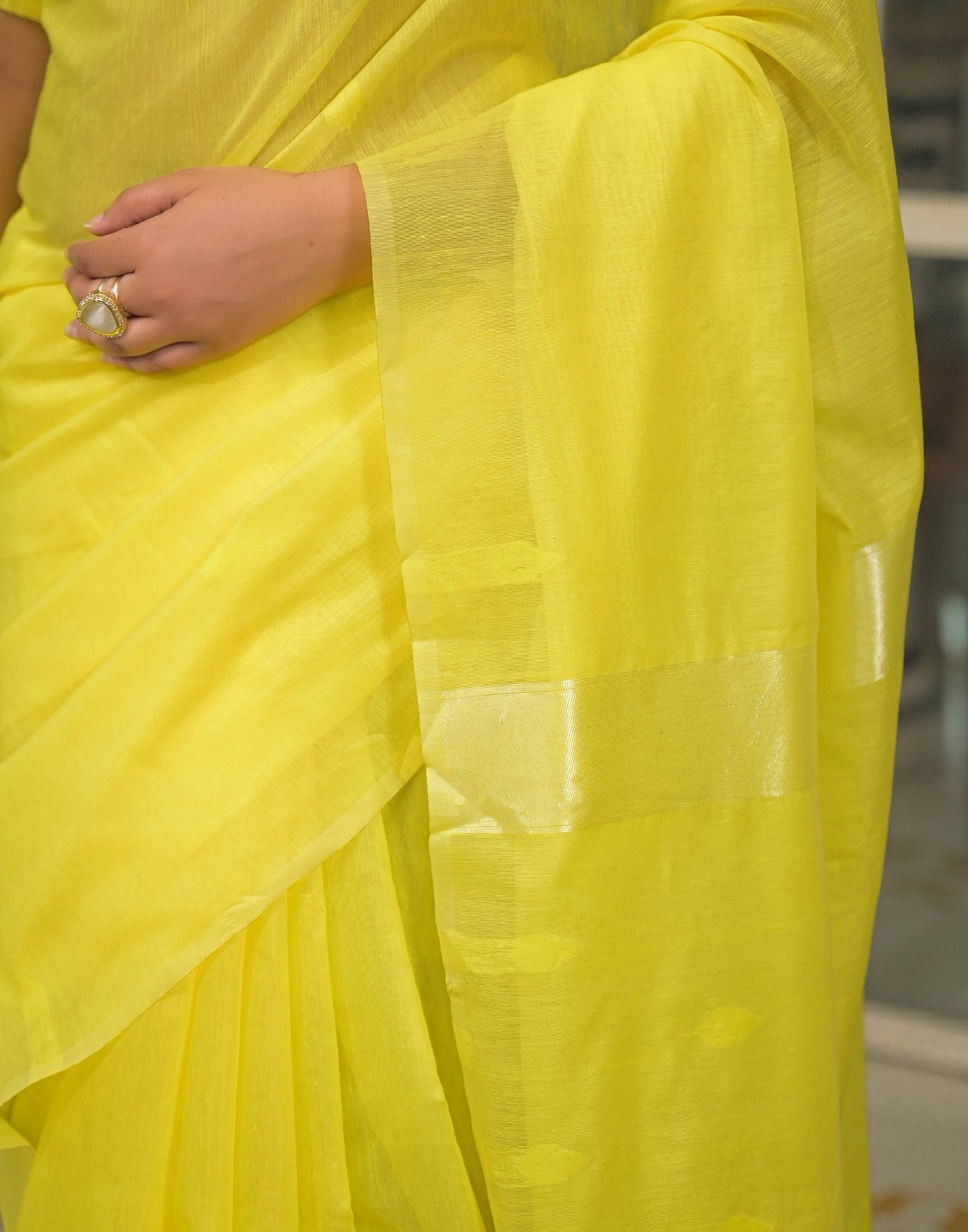 Bright Yellow Silk Woven Plain Saree