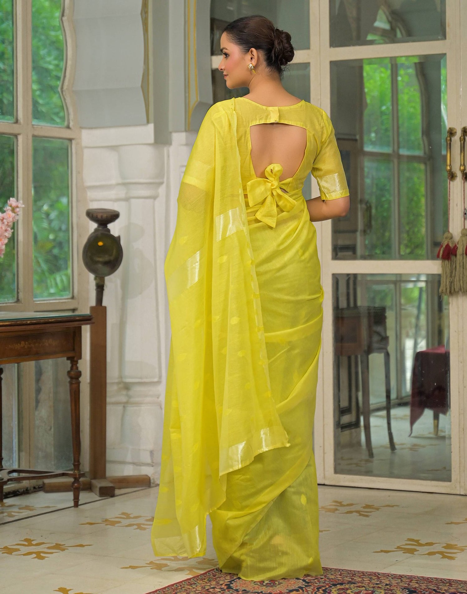 Bright Yellow Silk Woven Plain Saree