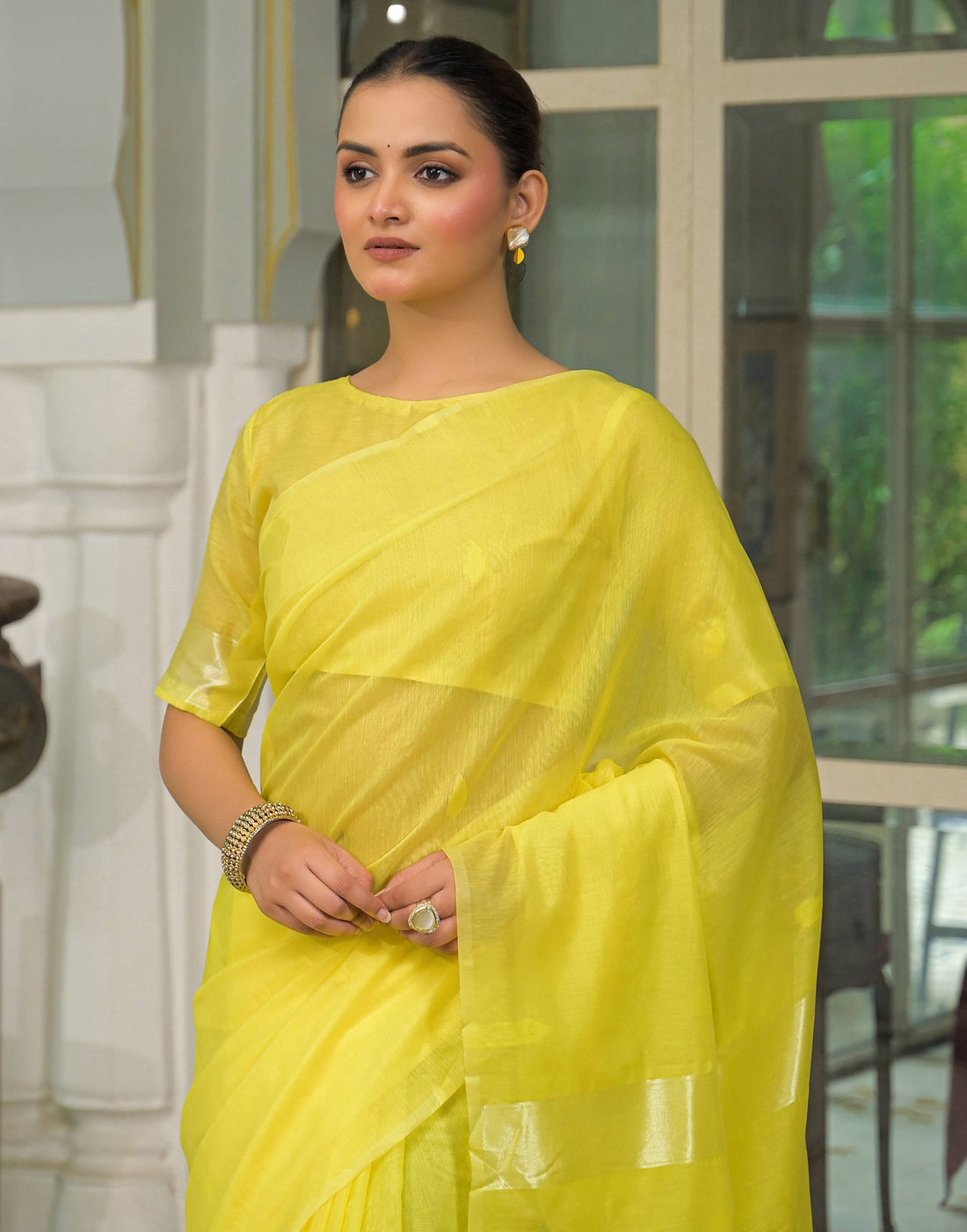Bright Yellow Silk Woven Plain Saree