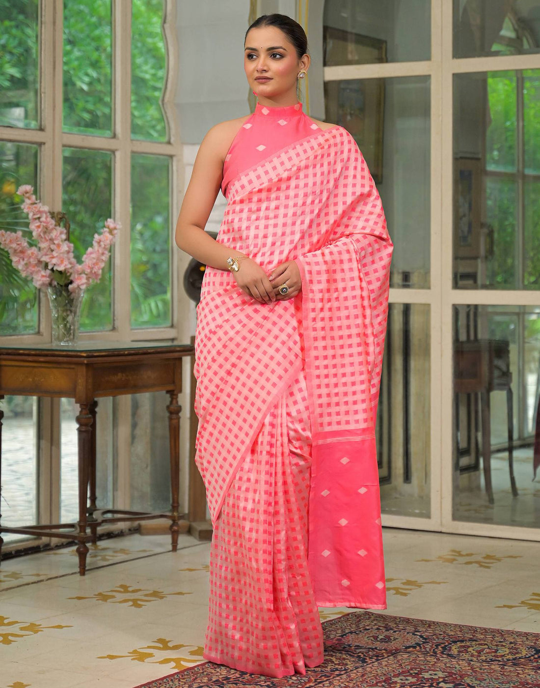 Coral Pink Silk Woven Saree
