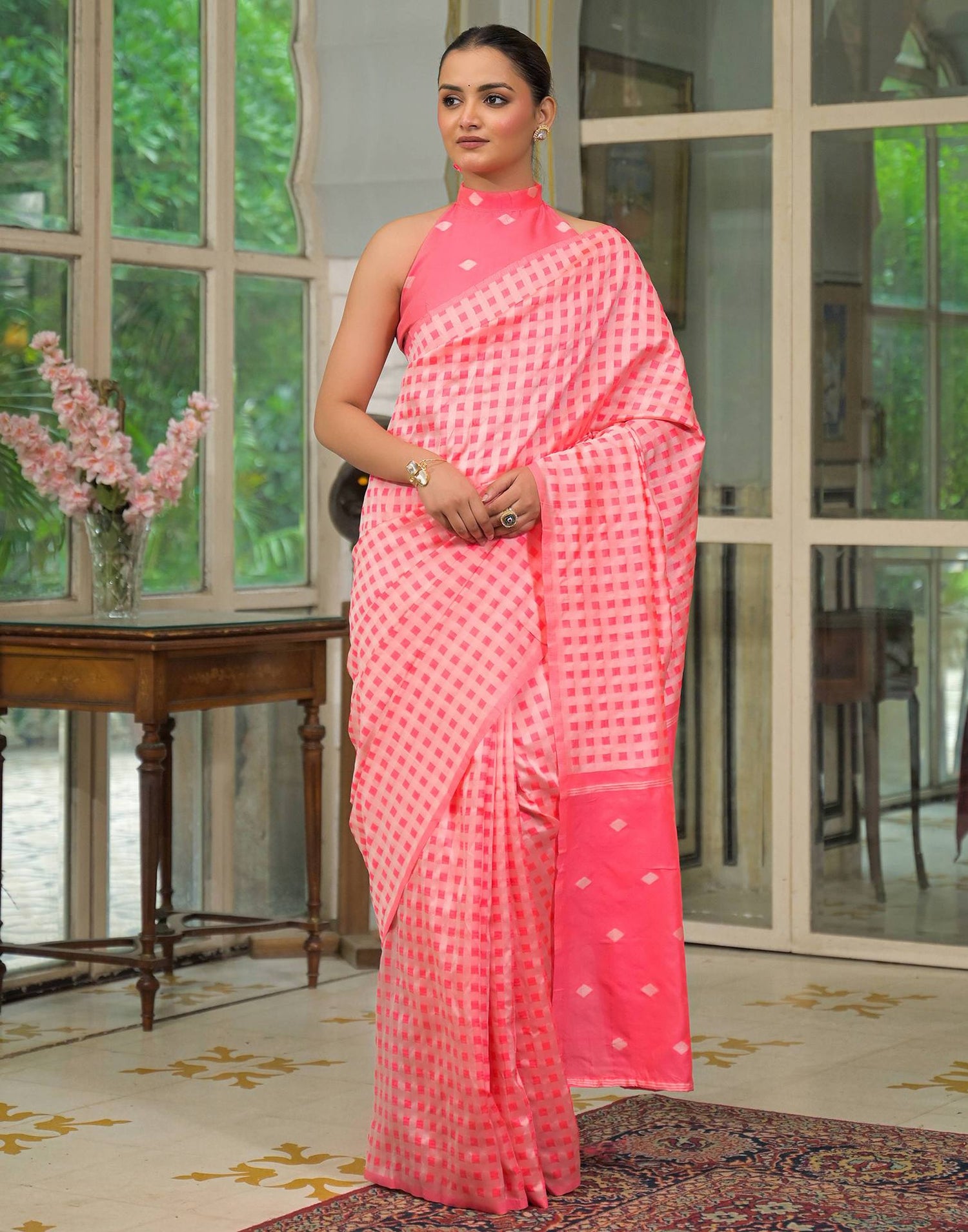 Coral Pink Silk Woven Saree