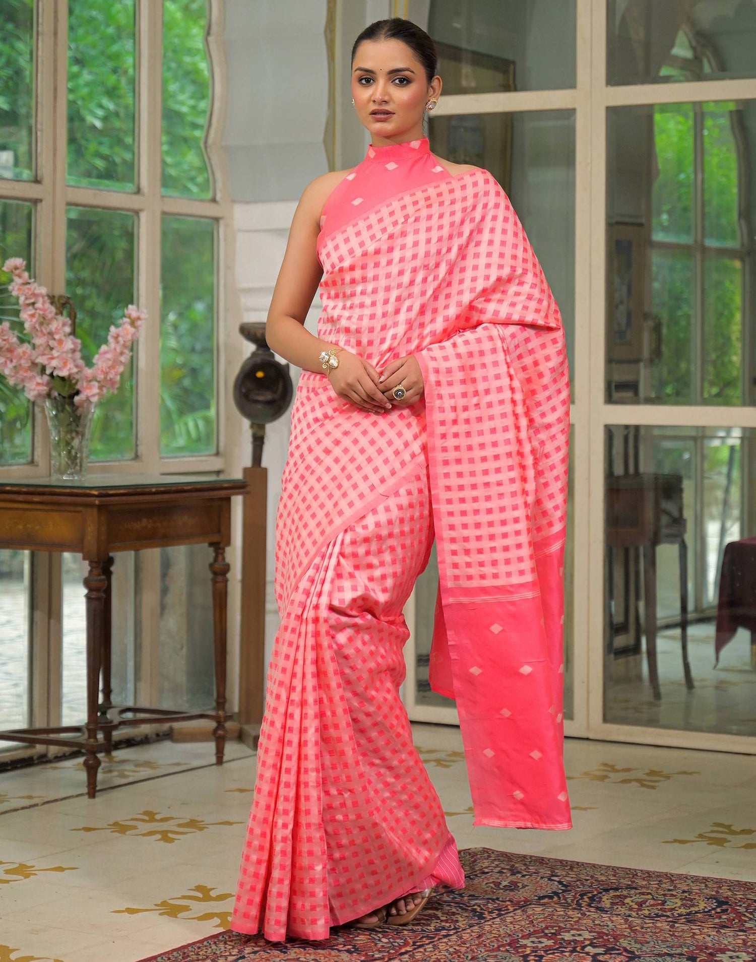 Coral Pink Silk Woven Saree